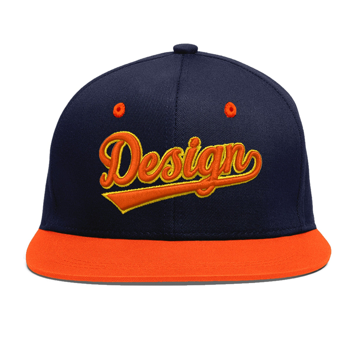 Custom Navy Orange 3D Puff Embroidery Flat Embroidery Casual Sport Baseball Cap