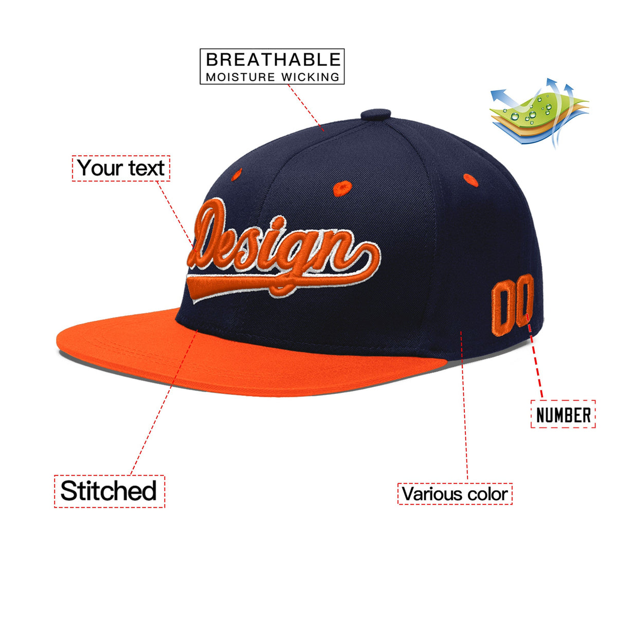 Custom Navy Orange 3D Puff Embroidery Flat Embroidery Casual Sport Baseball Cap