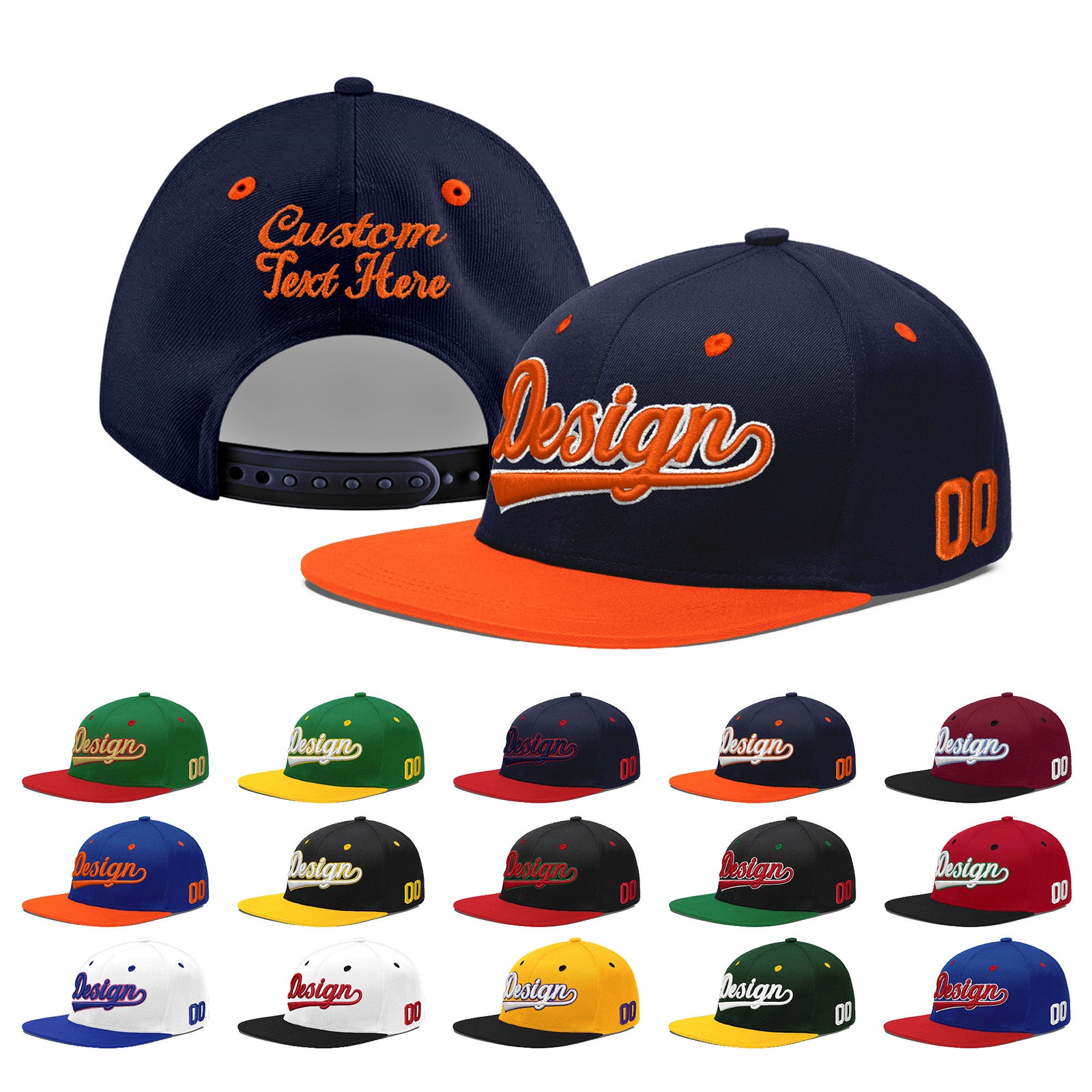 Custom Navy Orange 3D Puff Embroidery Flat Embroidery Casual Sport Baseball Cap