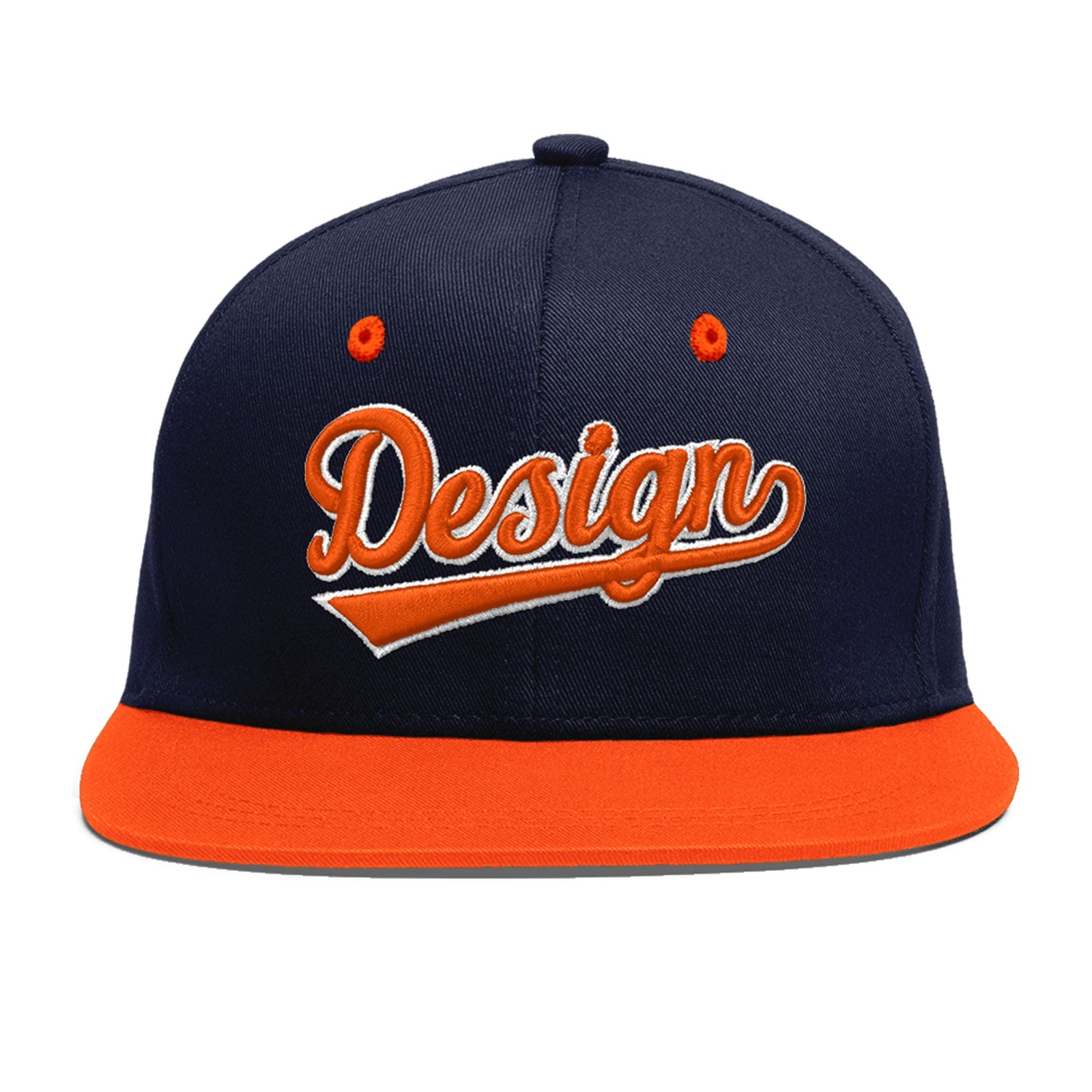 Custom Navy Orange 3D Puff Embroidery Flat Embroidery Casual Sport Baseball Cap