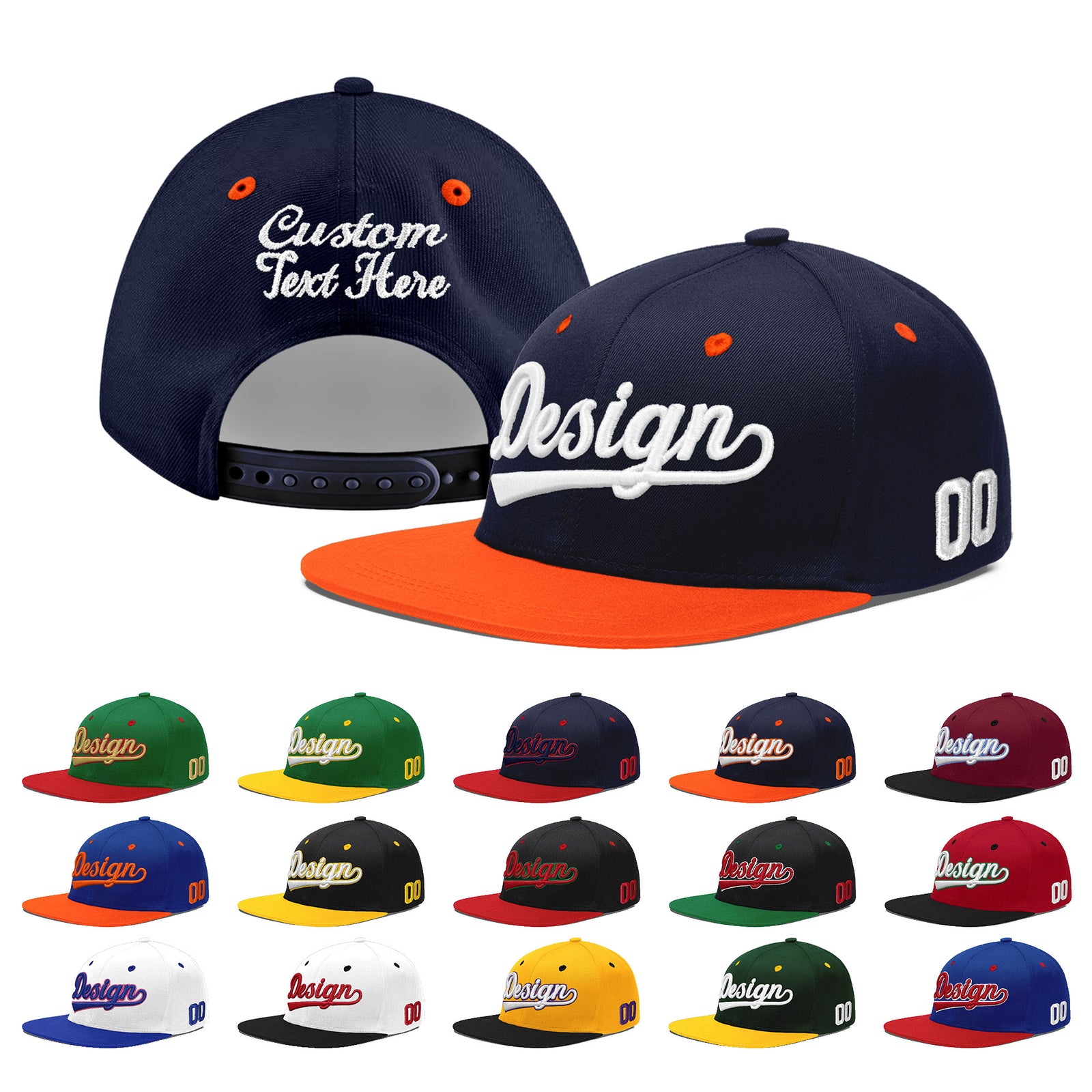 Custom Navy Orange 3D Puff Embroidery Flat Embroidery Casual Sport Baseball Cap