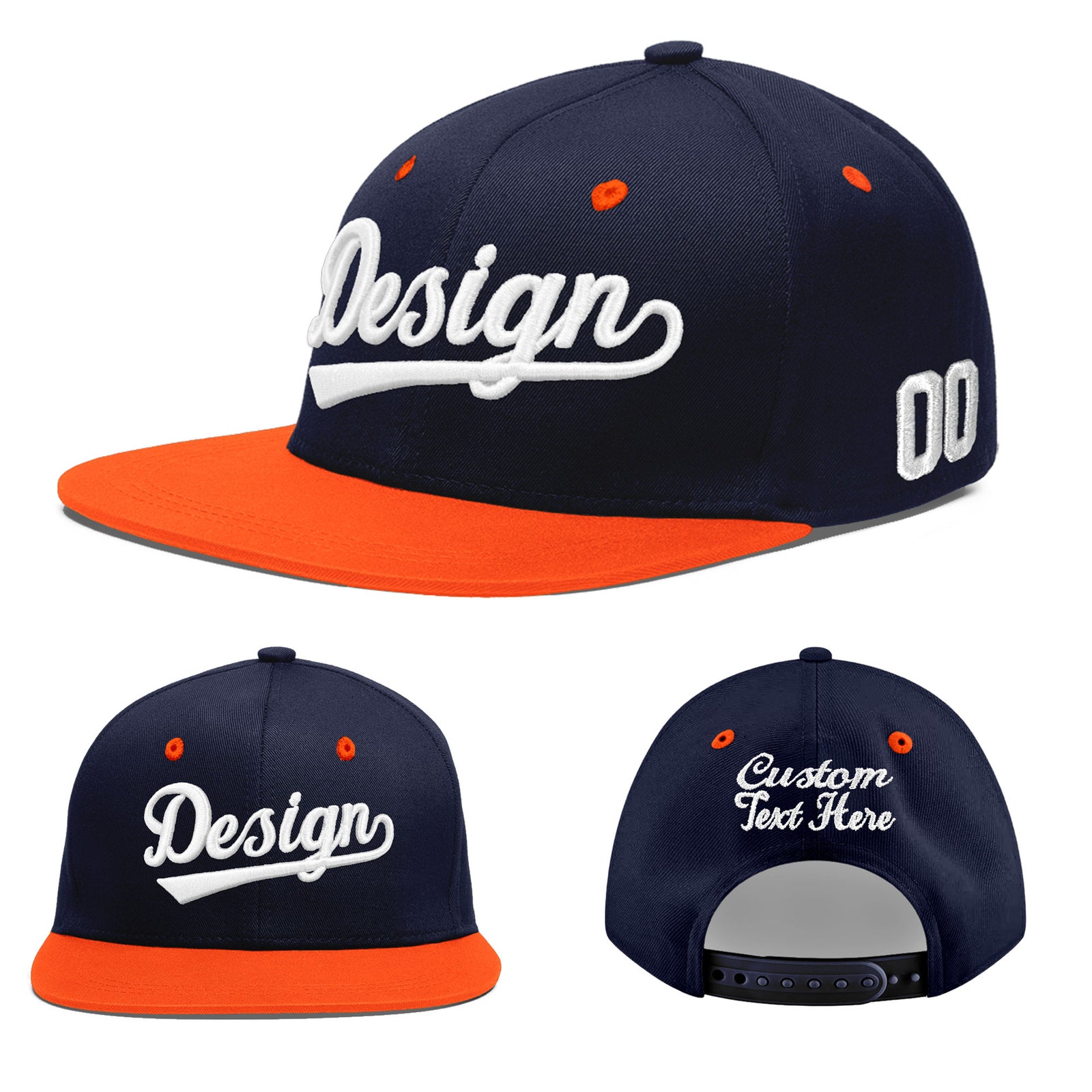 Custom Navy Orange 3D Puff Embroidery Flat Embroidery Casual Sport Baseball Cap