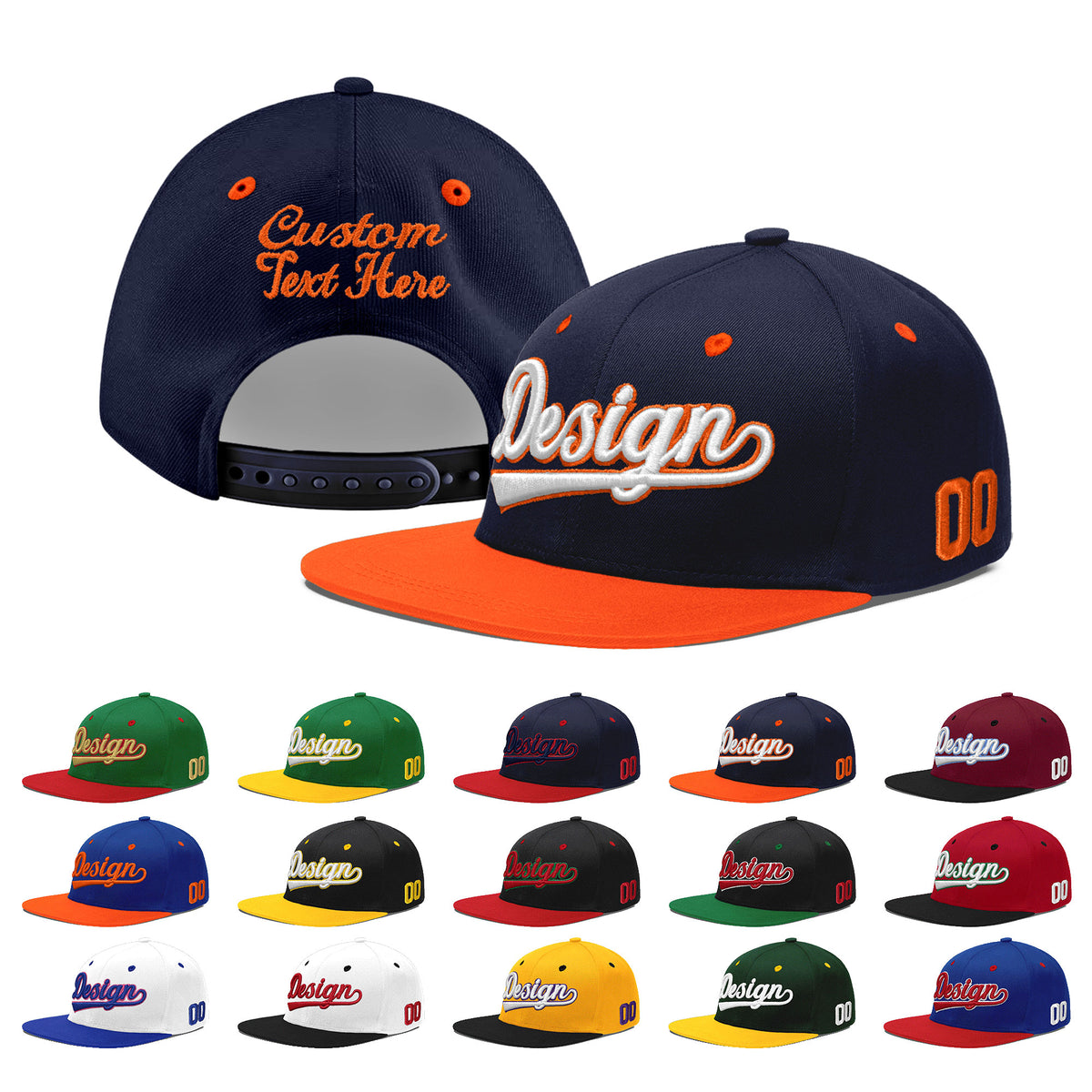 Custom Navy Orange 3D Puff Embroidery Flat Embroidery Casual Sport Baseball Cap