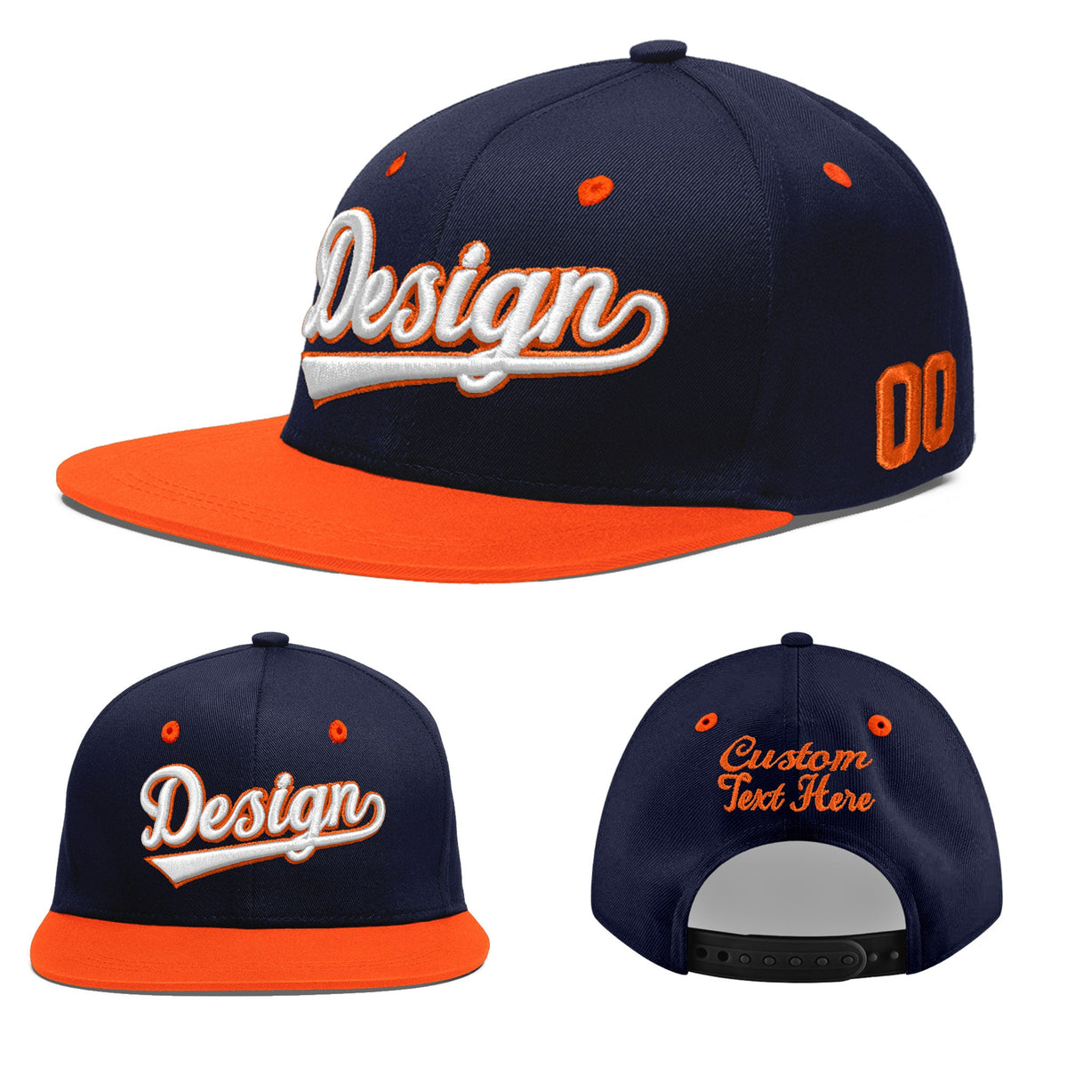 Custom Navy Orange 3D Puff Embroidery Flat Embroidery Casual Sport Baseball Cap