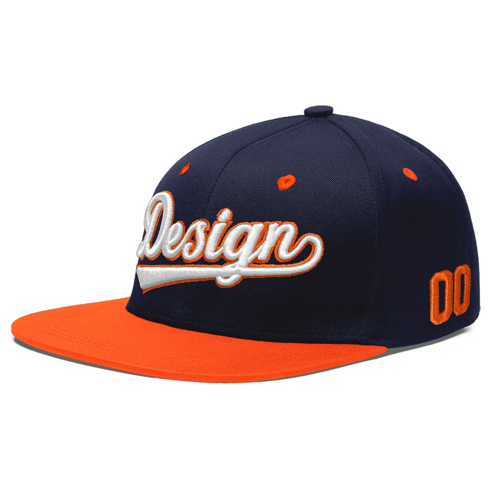 Custom Navy Orange 3D Puff Embroidery Flat Embroidery Casual Sport Baseball Cap