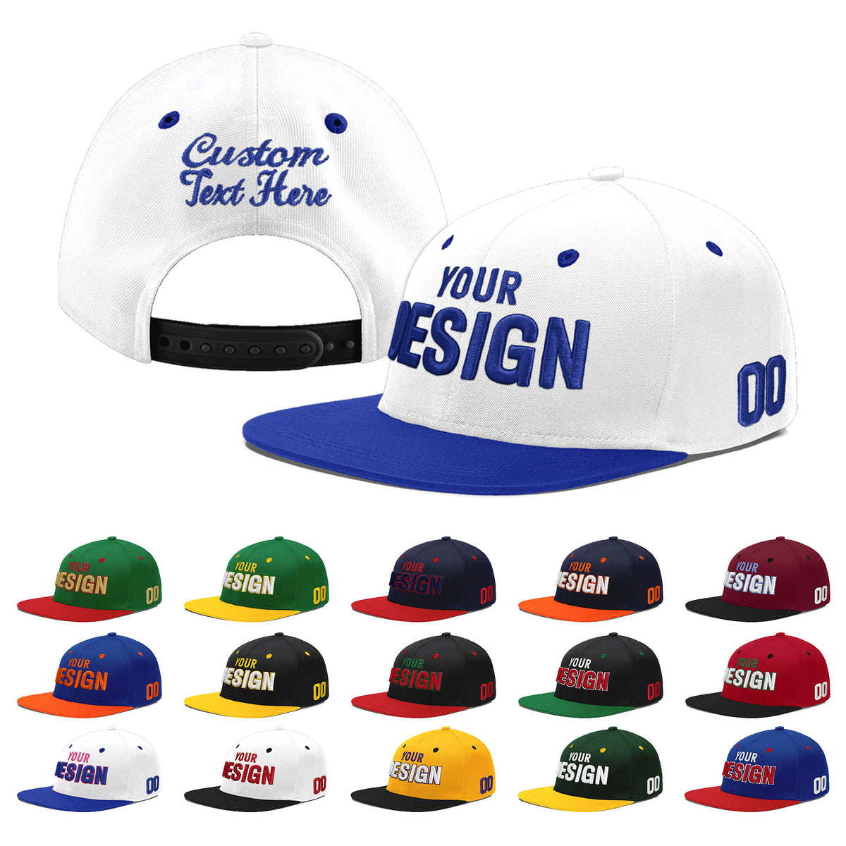 Custom White Royal Blue 3D Puff Embroidery Flat Embroidery Casual Sport Baseball Cap