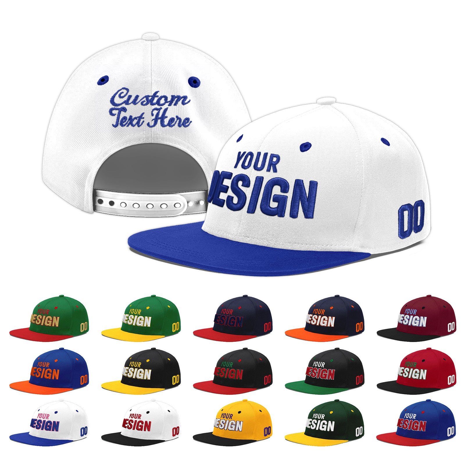 Custom White Royal Blue 3D Puff Embroidery Flat Embroidery Casual Sport Baseball Cap