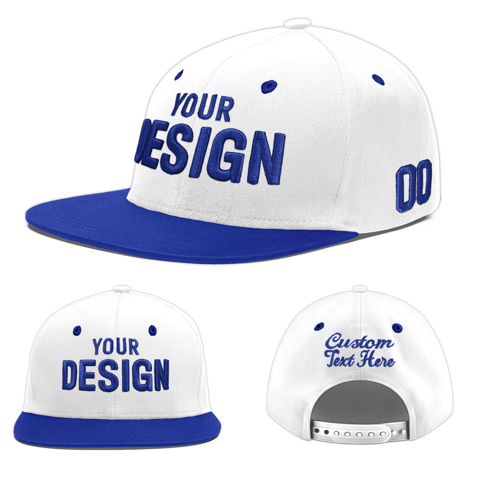Custom White Royal Blue 3D Puff Embroidery Flat Embroidery Casual Sport Baseball Cap