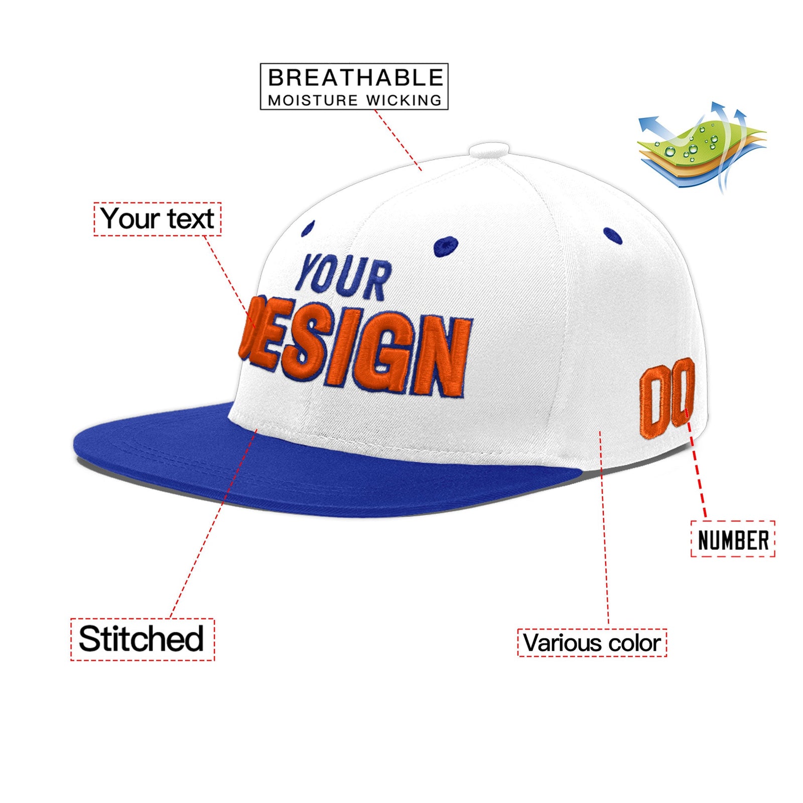 Custom White Royal Blue 3D Puff Embroidery Flat Embroidery Casual Sport Baseball Cap