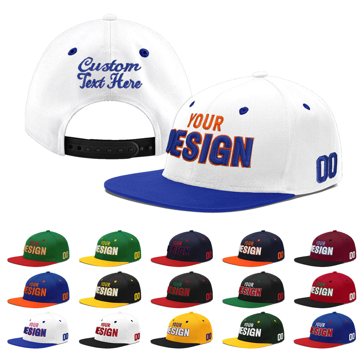 Custom White Royal Blue 3D Puff Embroidery Flat Embroidery Casual Sport Baseball Cap