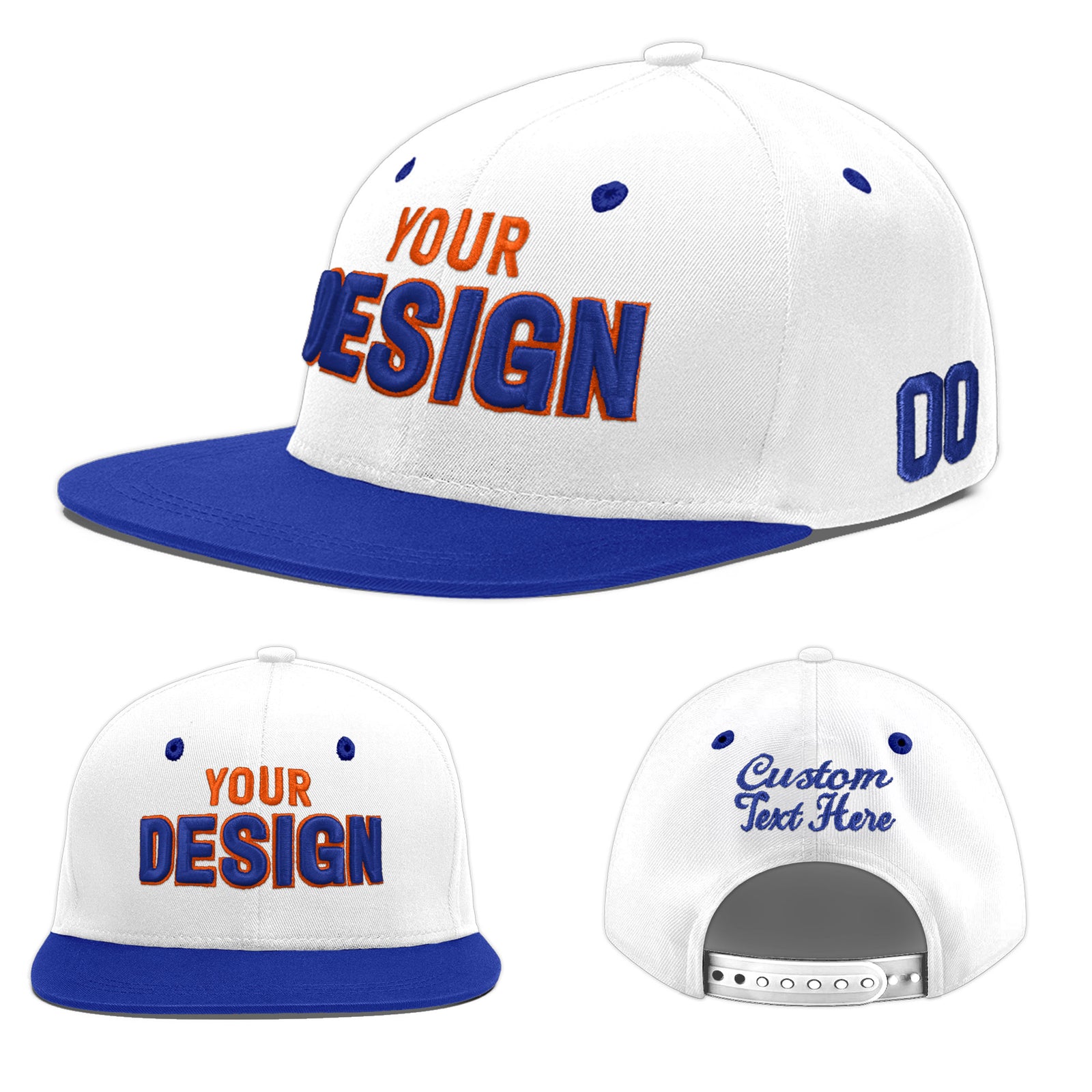 Custom White Royal Blue 3D Puff Embroidery Flat Embroidery Casual Sport Baseball Cap