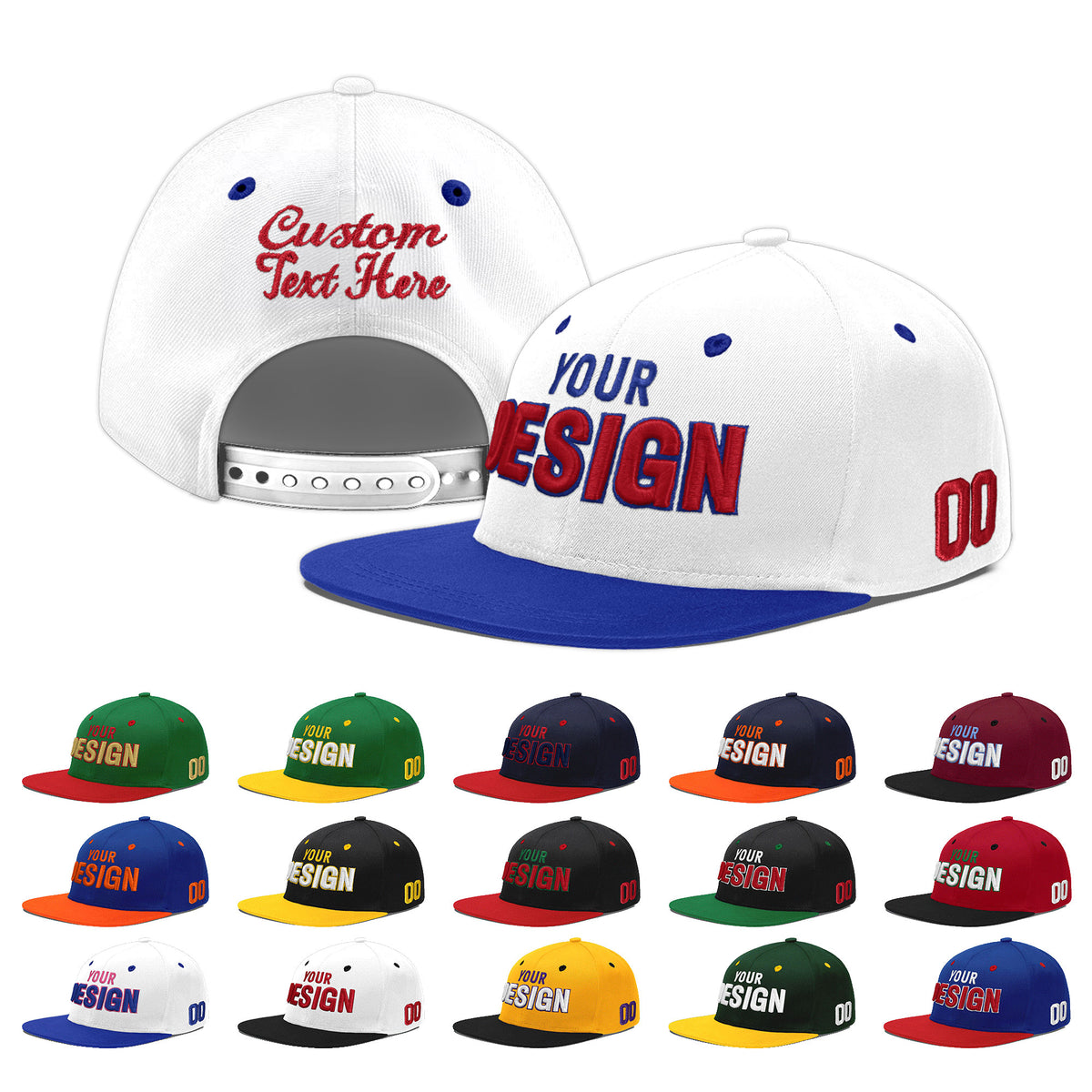 Custom White Royal Blue 3D Puff Embroidery Flat Embroidery Casual Sport Baseball Cap