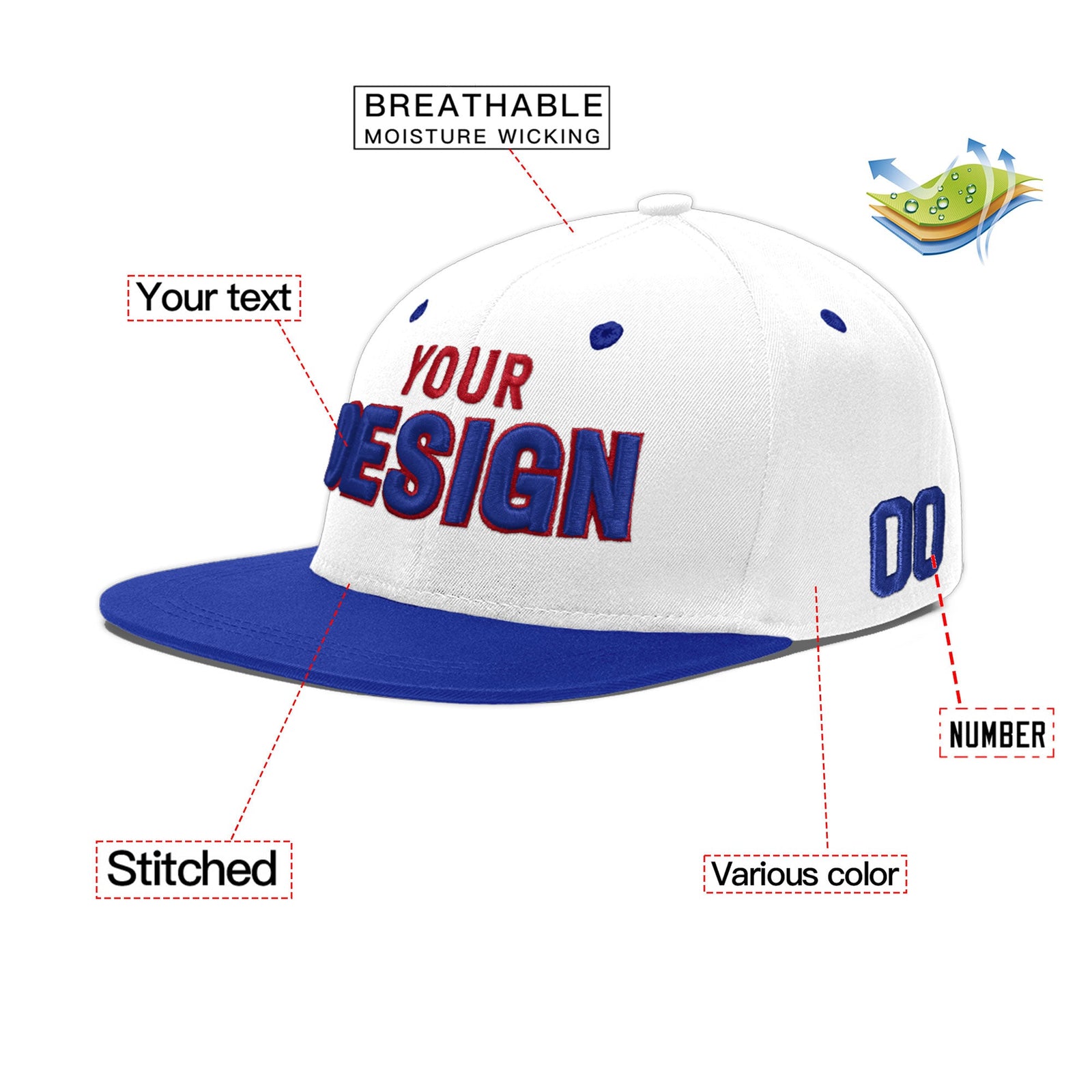 Custom White Royal Blue 3D Puff Embroidery Flat Embroidery Casual Sport Baseball Cap