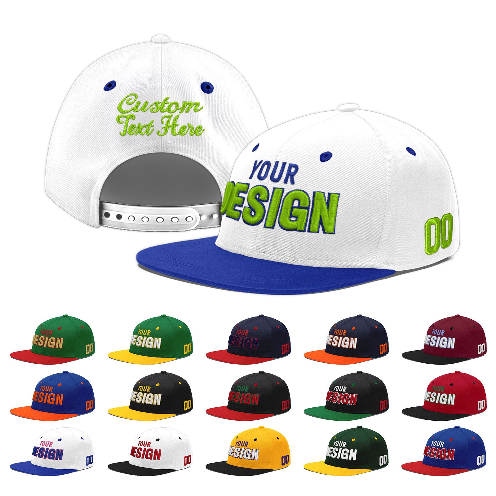 Custom White Royal Blue 3D Puff Embroidery Flat Embroidery Casual Sport Baseball Cap