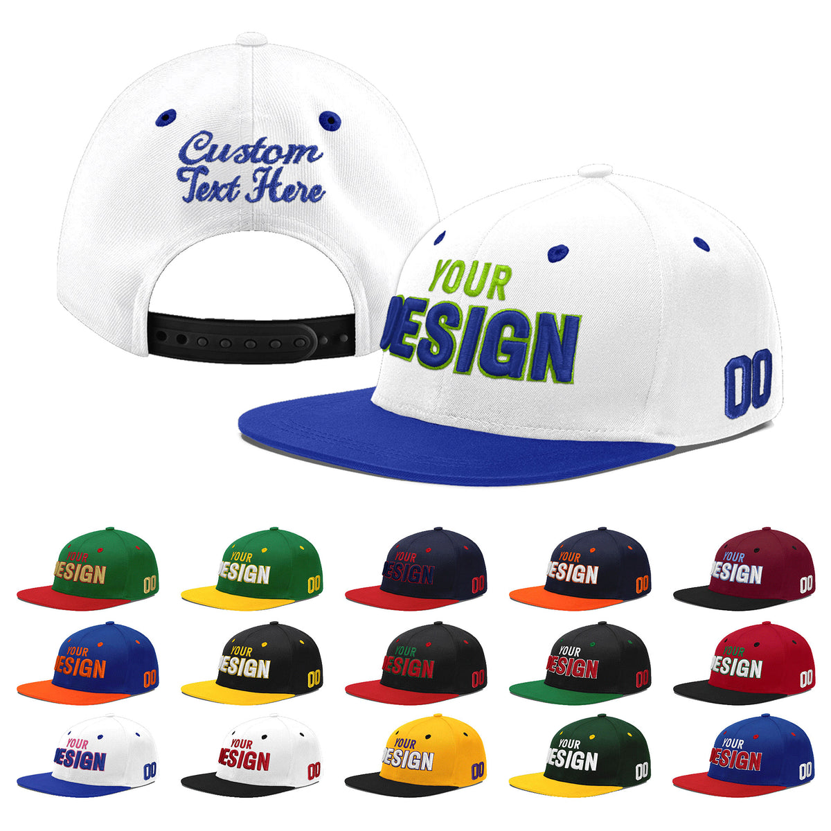 Custom White Royal Blue 83D Puff Embroidery Flat Embroidery Casual Sport Baseball Cap