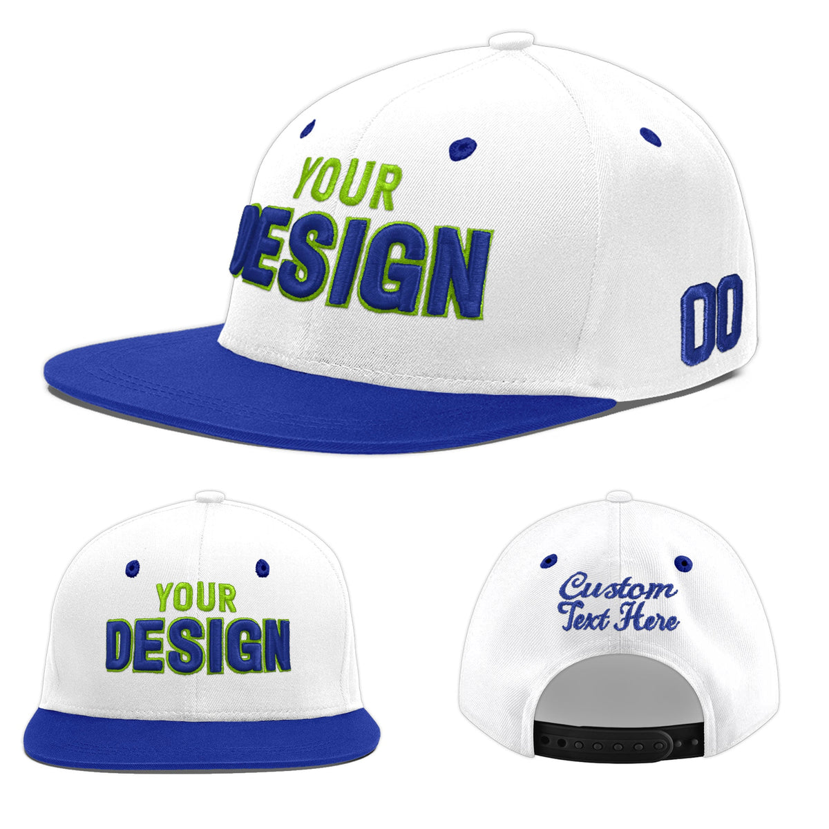 Custom White Royal Blue 84D Puff Embroidery Flat Embroidery Casual Sport Baseball Cap