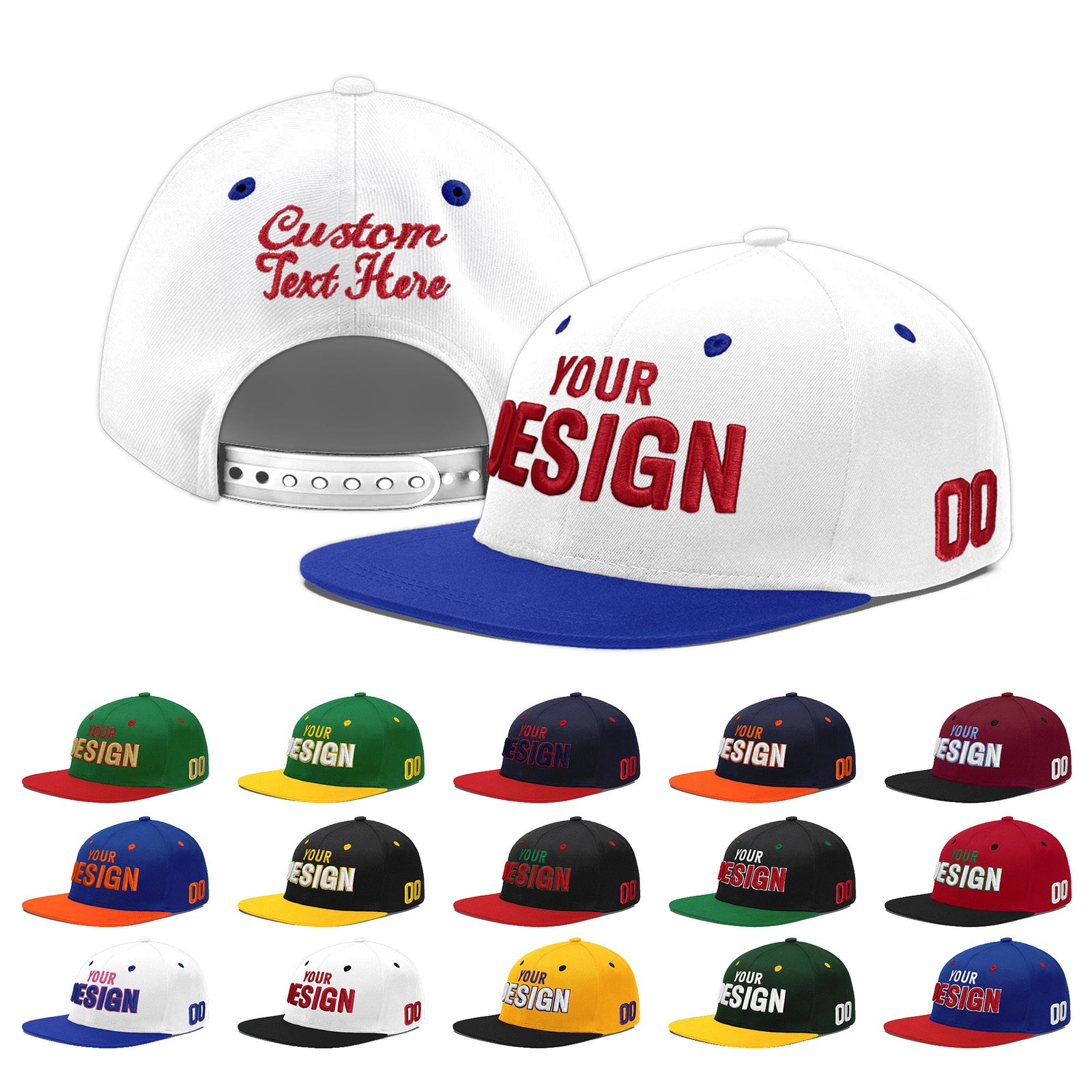 Custom White Royal Blue 91D Puff Embroidery Flat Embroidery Casual Sport Baseball Cap