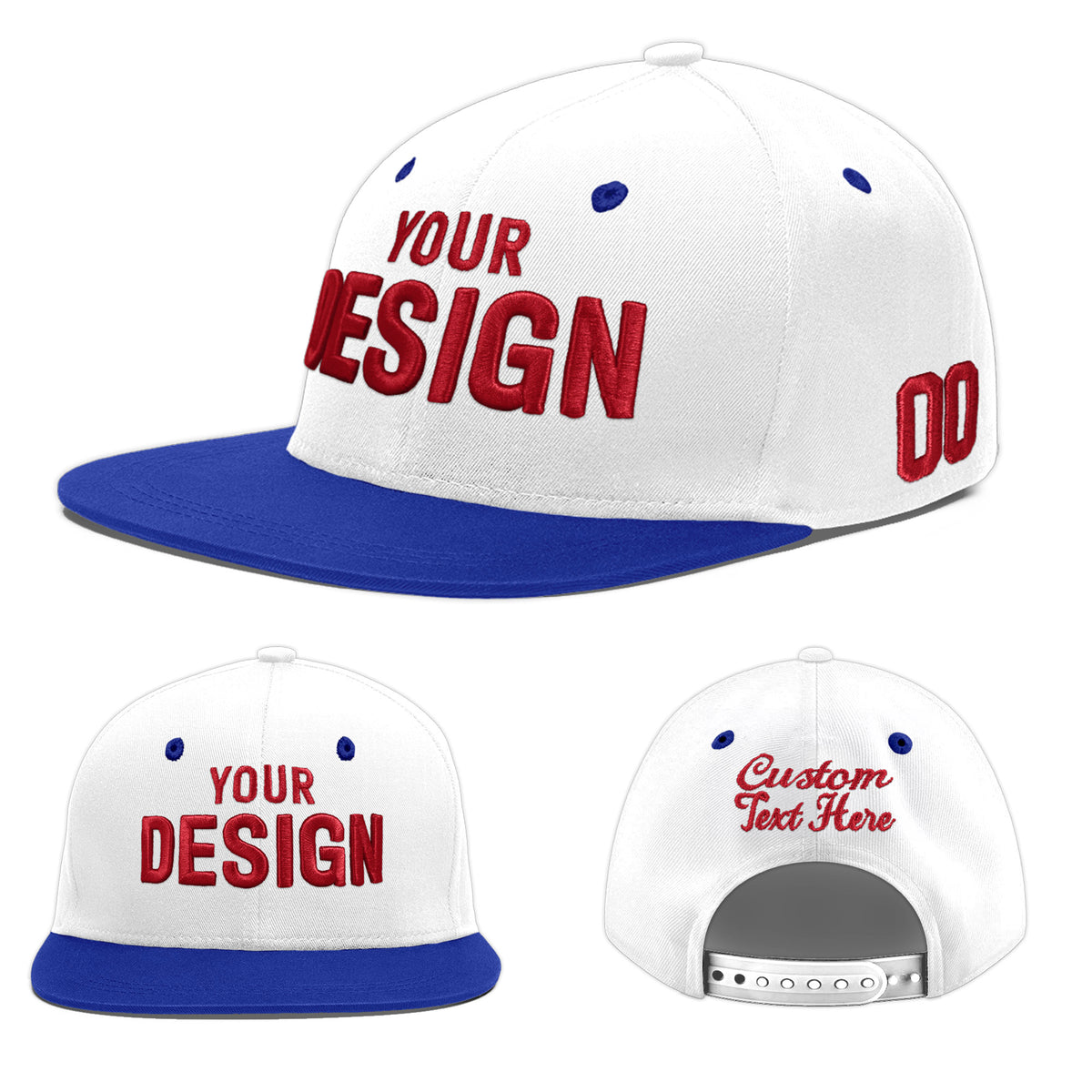 Custom White Royal Blue 92D Puff Embroidery Flat Embroidery Casual Sport Baseball Cap