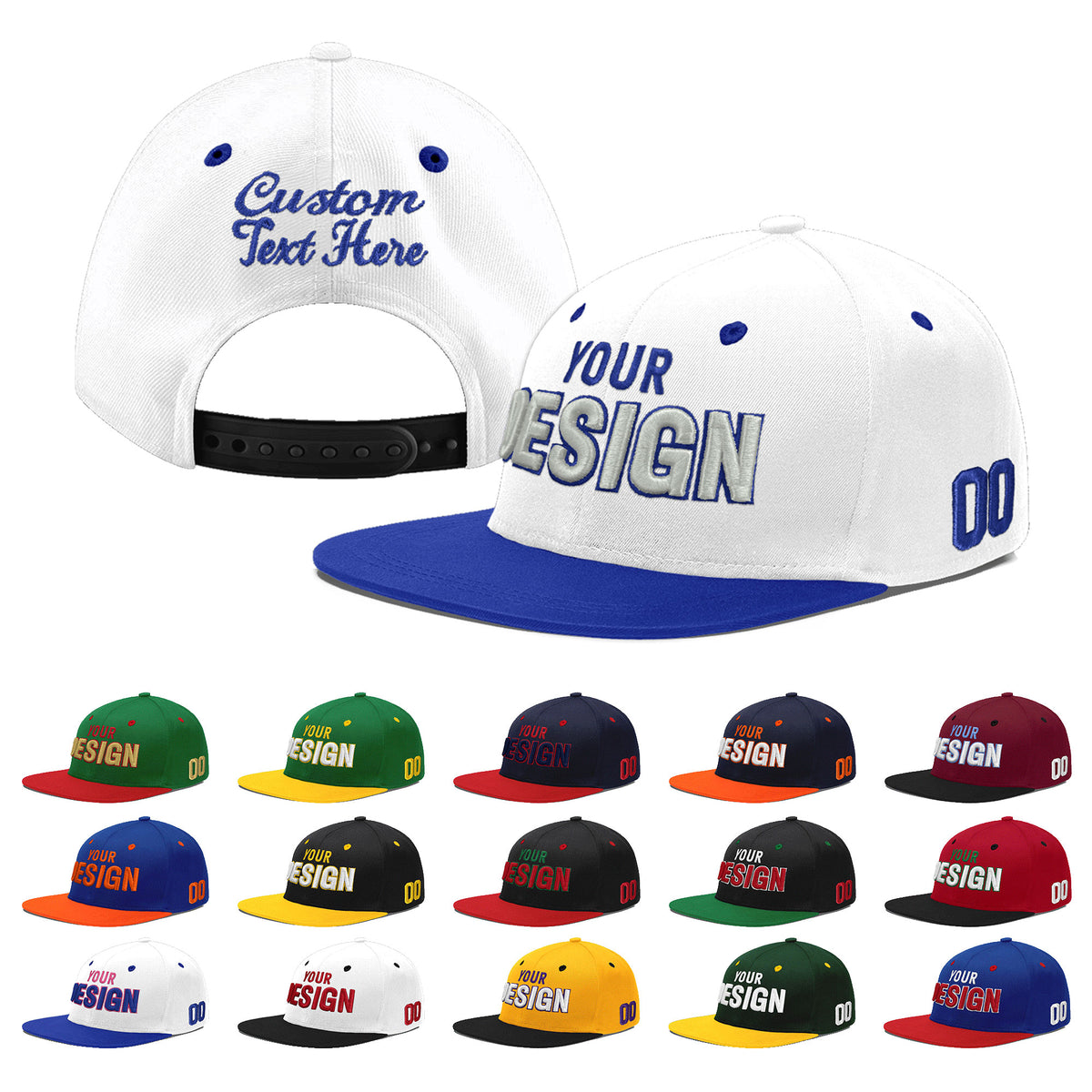 Custom White Royal Blue 99D Puff Embroidery Flat Embroidery Casual Sport Baseball Cap