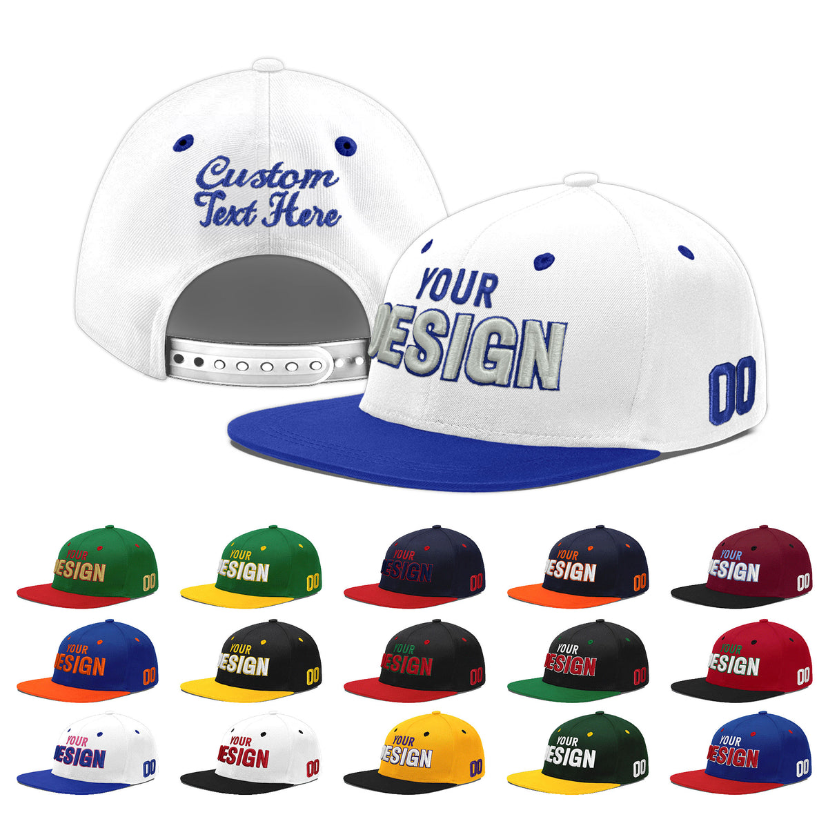Custom White Royal Blue 99D Puff Embroidery Flat Embroidery Casual Sport Baseball Cap