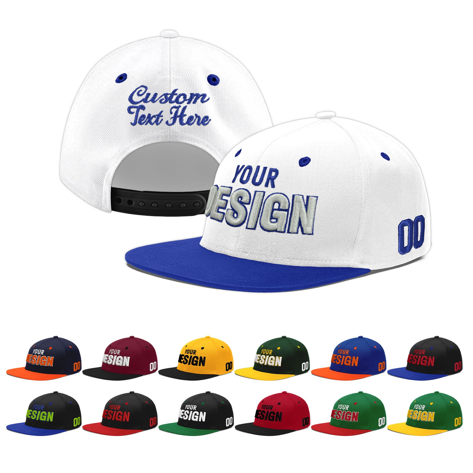Custom White Royal Blue 99D Puff Embroidery Flat Embroidery Casual Sport Baseball Cap