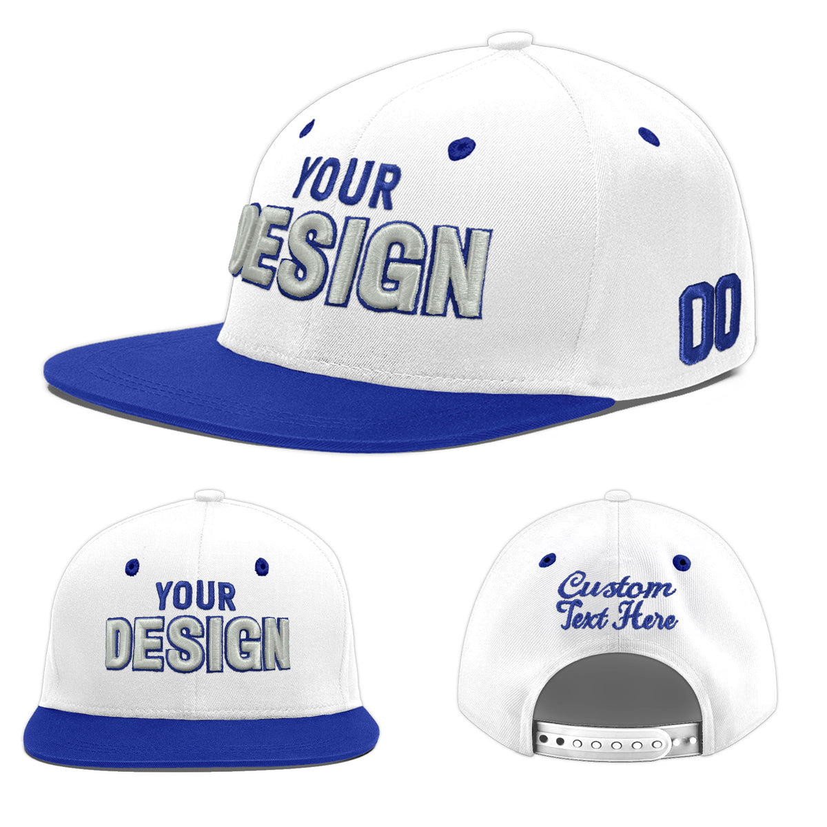 Custom White Royal Blue 100D Puff Embroidery Flat Embroidery Casual Sport Baseball Cap