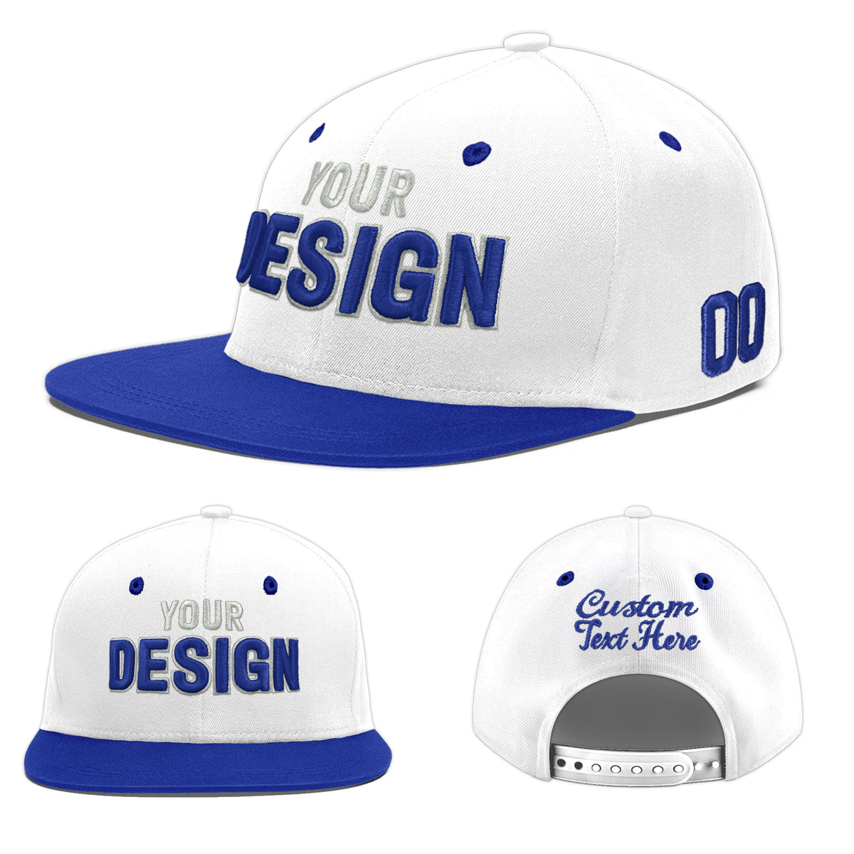Custom White Royal Blue 108D Puff Embroidery Flat Embroidery Casual Sport Baseball Cap