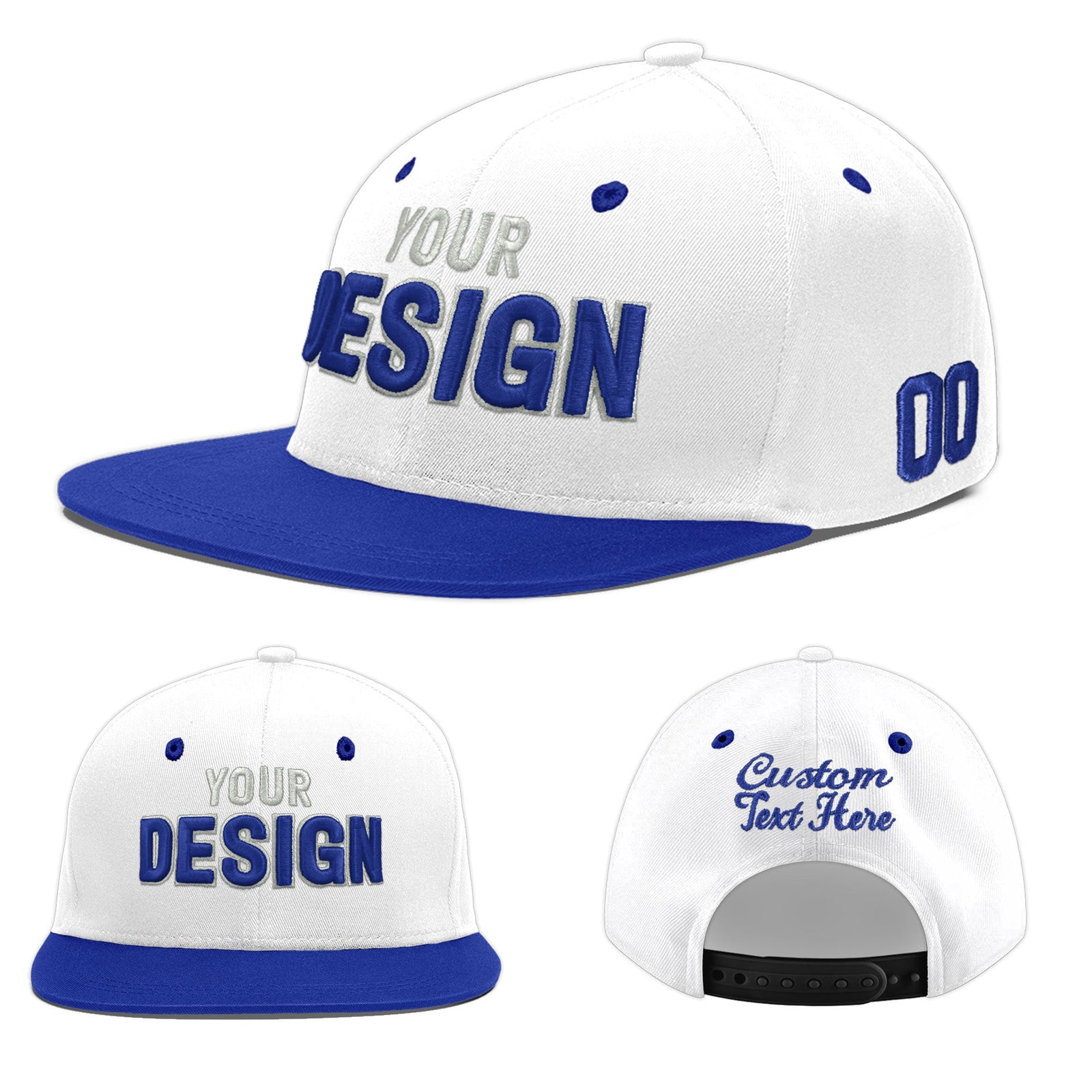 Custom White Royal Blue 108D Puff Embroidery Flat Embroidery Casual Sport Baseball Cap