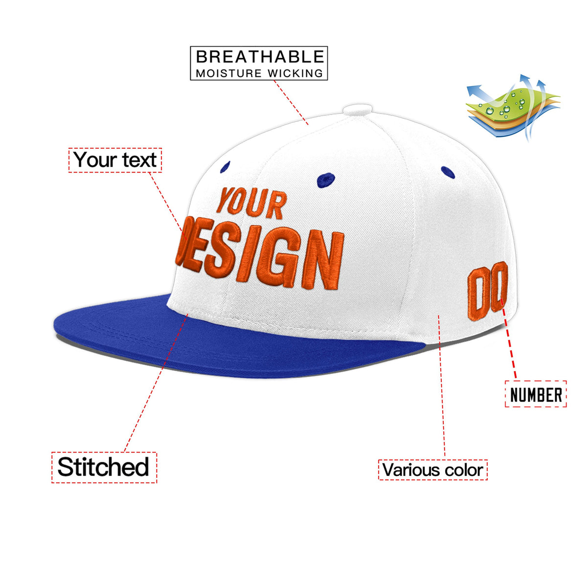 Custom White Royal Blue 117D Puff Embroidery Flat Embroidery Casual Sport Baseball Cap