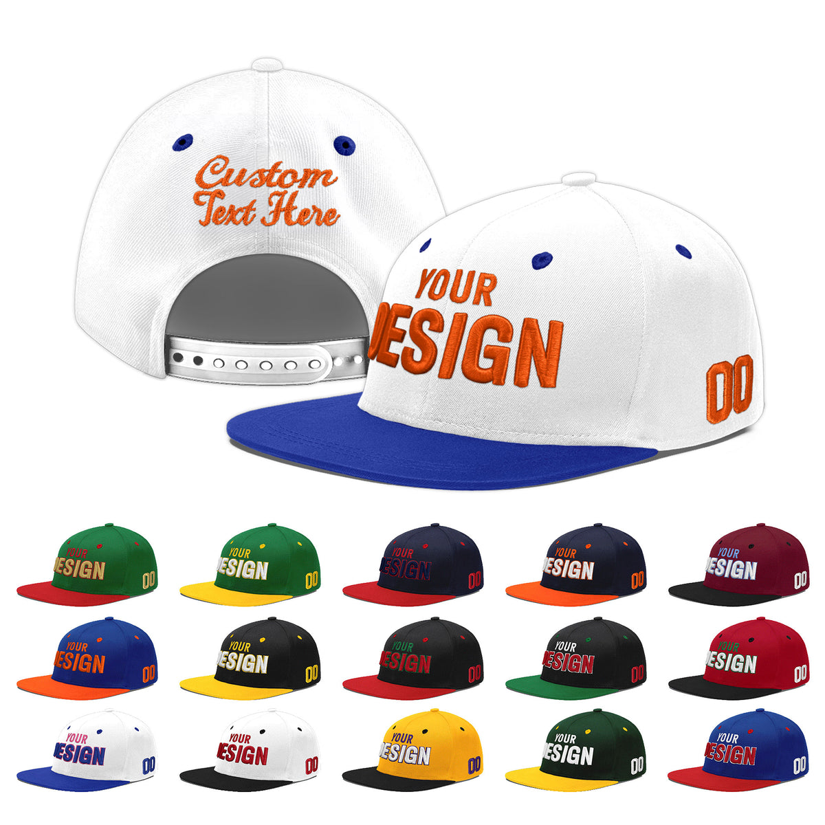 Custom White Royal Blue 115D Puff Embroidery Flat Embroidery Casual Sport Baseball Cap