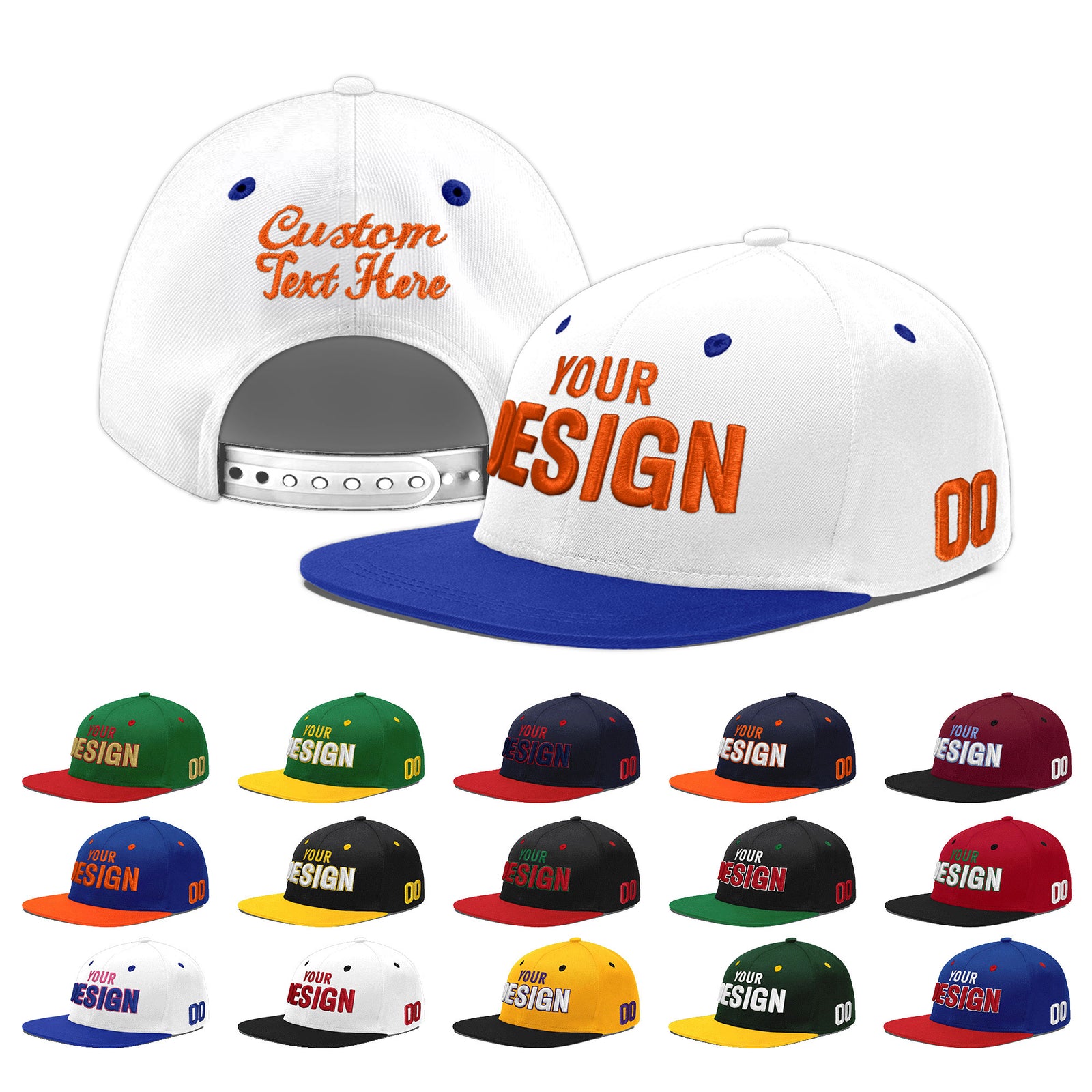 Custom White Royal Blue 115D Puff Embroidery Flat Embroidery Casual Sport Baseball Cap