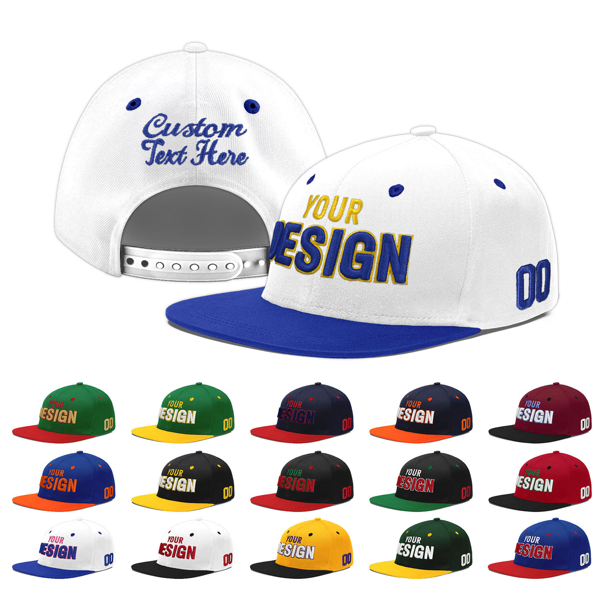 Custom White Royal Blue 91D Puff Embroidery Flat Embroidery Casual Sport Baseball Cap