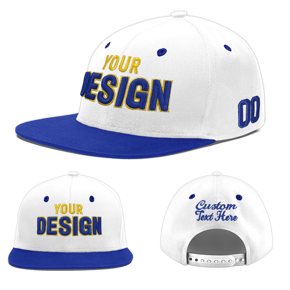 Custom White Royal Blue 92D Puff Embroidery Flat Embroidery Casual Sport Baseball Cap