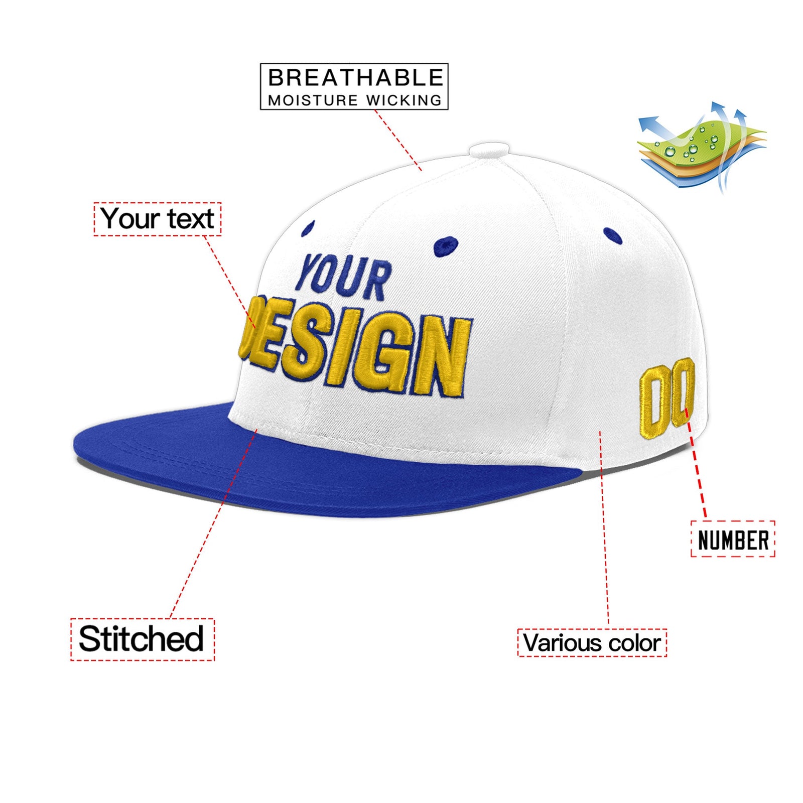 Custom White Royal Blue 101D Puff Embroidery Flat Embroidery Casual Sport Baseball Cap