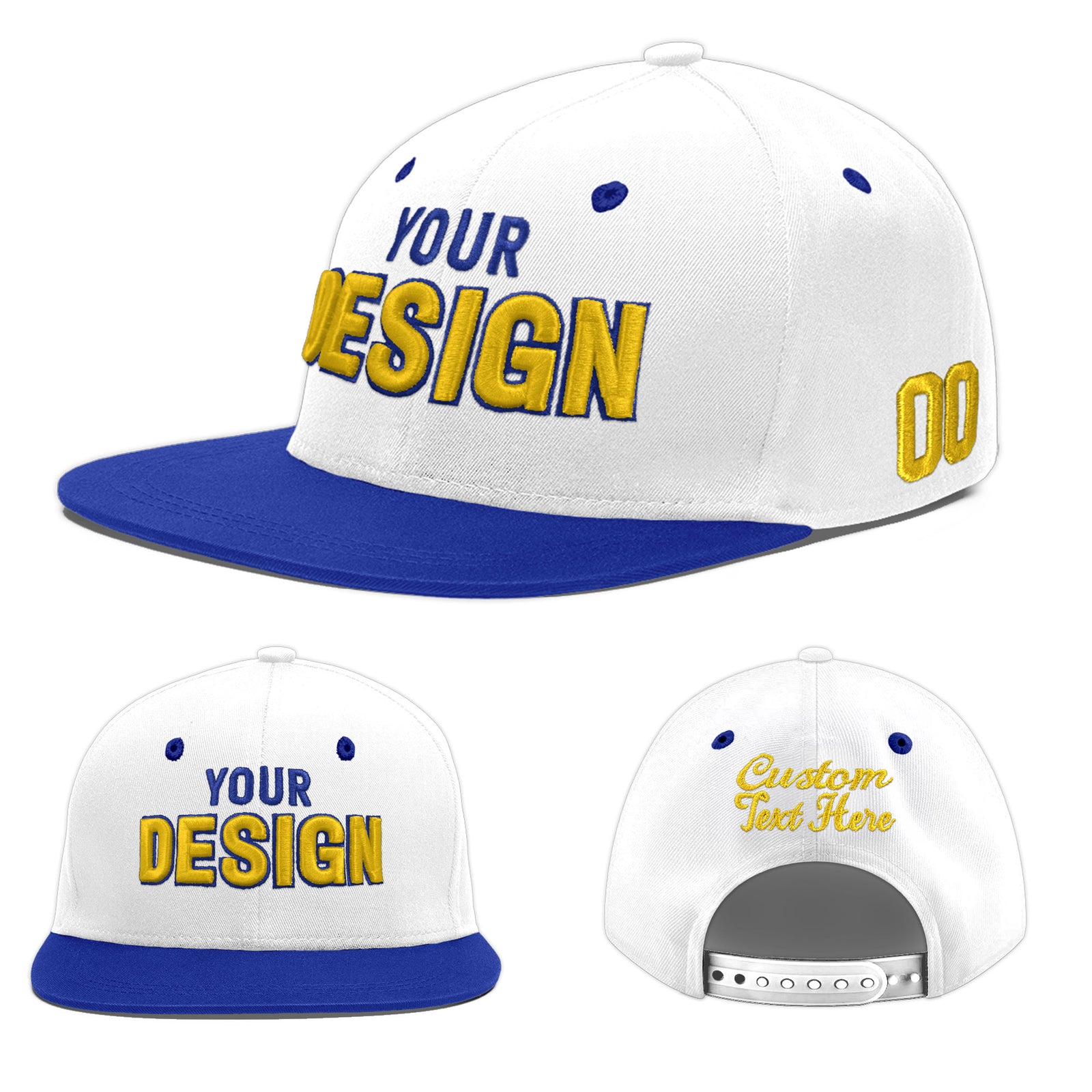 Custom White Royal Blue 100D Puff Embroidery Flat Embroidery Casual Sport Baseball Cap