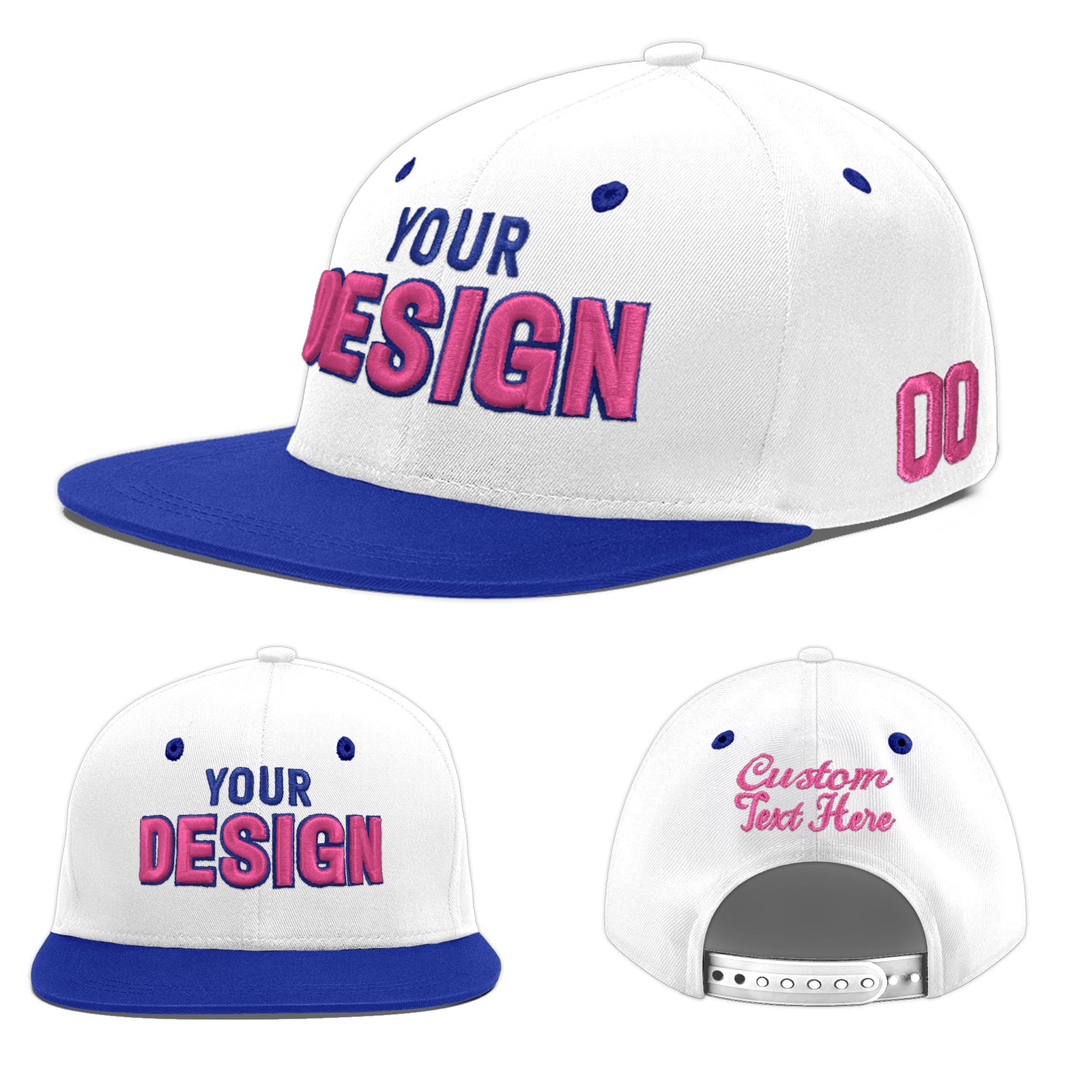 Custom White Royal Blue 108D Puff Embroidery Flat Embroidery Casual Sport Baseball Cap