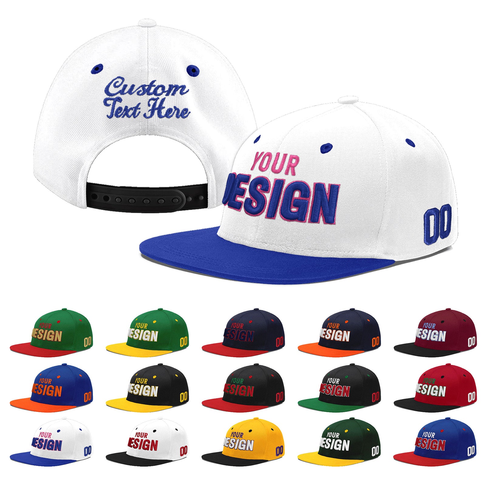 Custom White Royal Blue 115D Puff Embroidery Flat Embroidery Casual Sport Baseball Cap