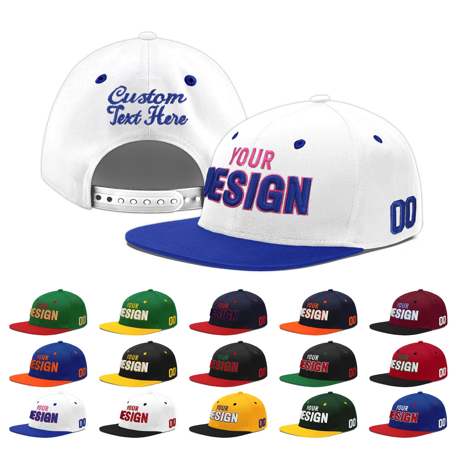 Custom White Royal Blue 115D Puff Embroidery Flat Embroidery Casual Sport Baseball Cap