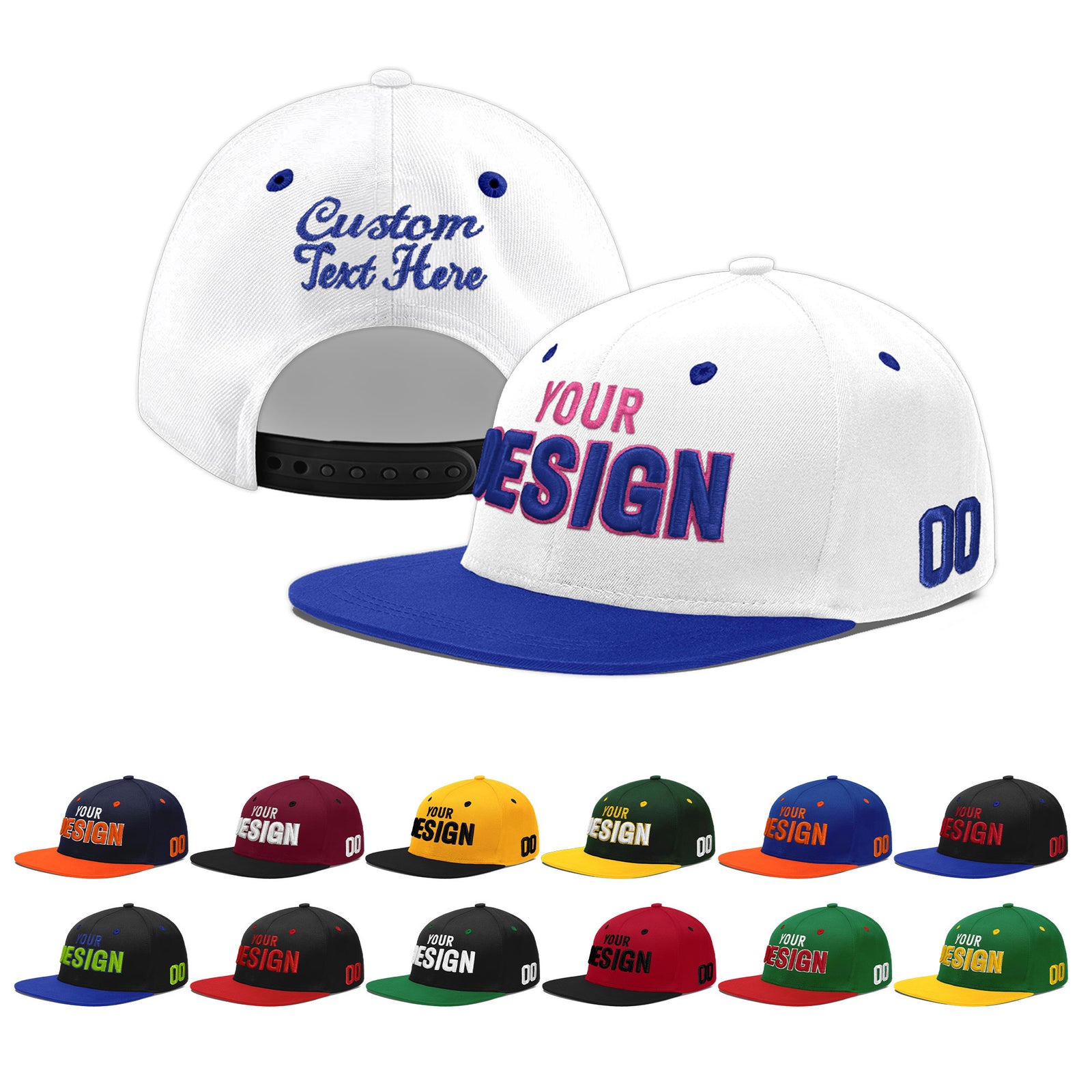 Custom White Royal Blue 115D Puff Embroidery Flat Embroidery Casual Sport Baseball Cap