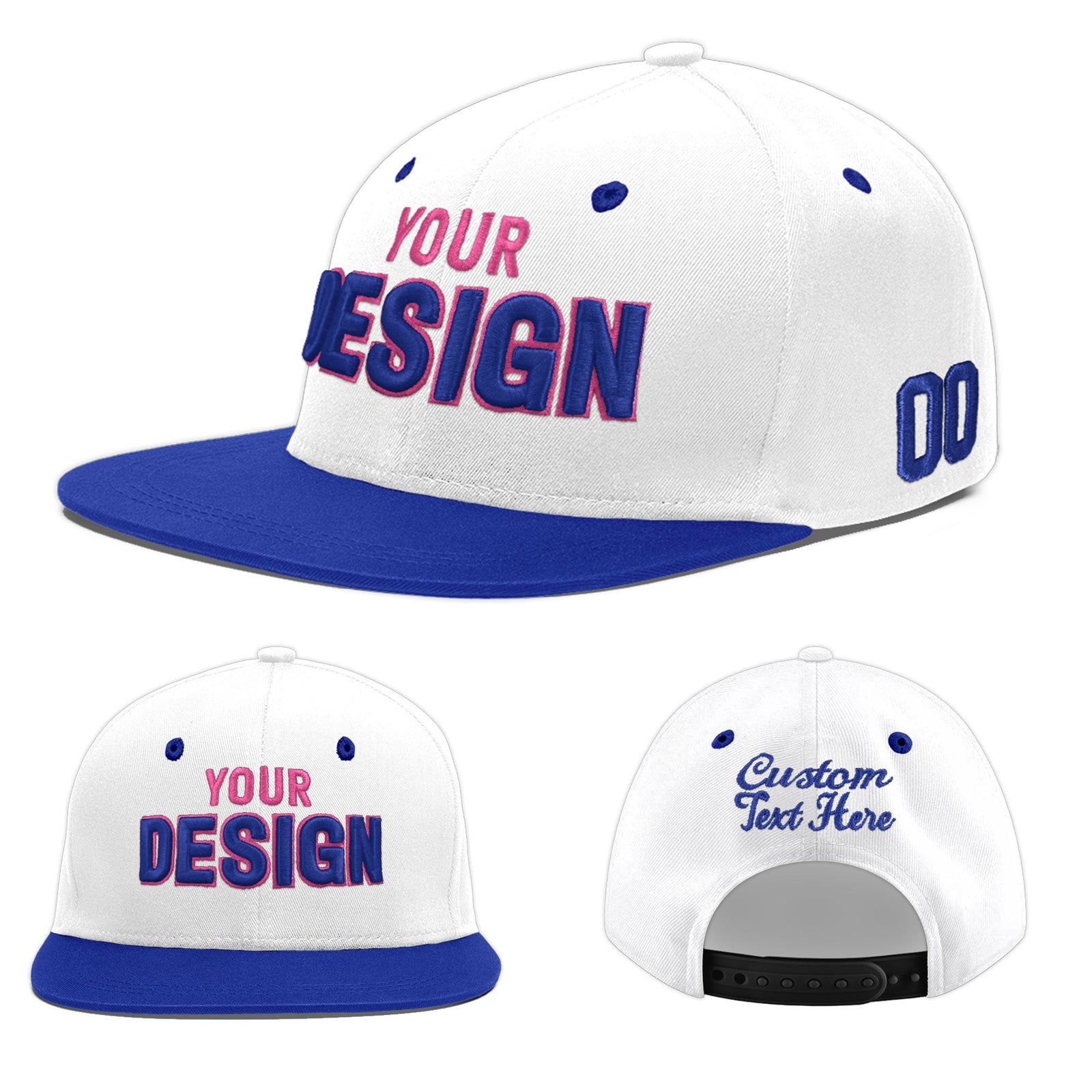 Custom White Royal Blue 116D Puff Embroidery Flat Embroidery Casual Sport Baseball Cap