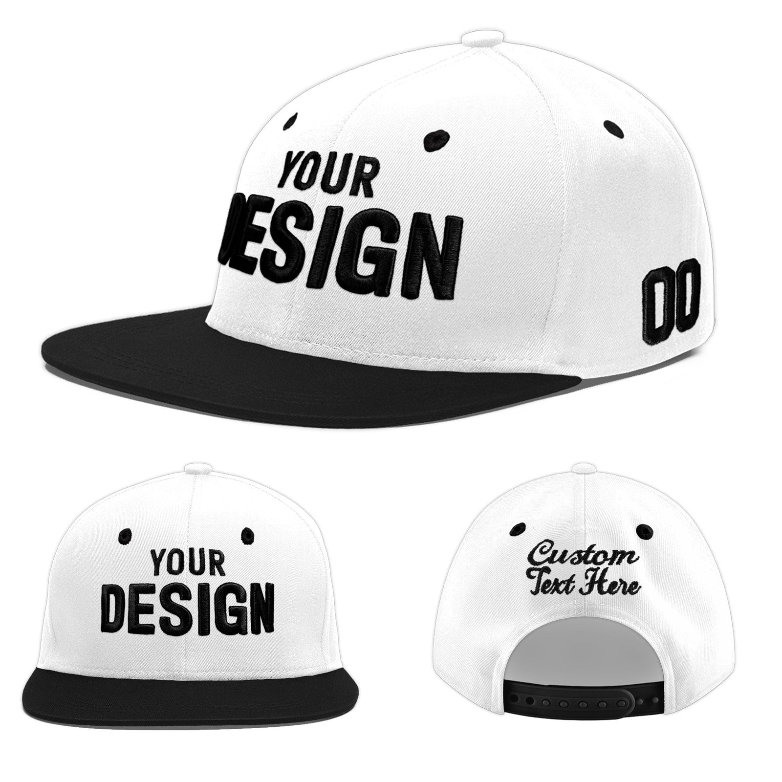 Custom White Black 3D Puff Embroidery Flat Embroidery Casual Sport Baseball Cap