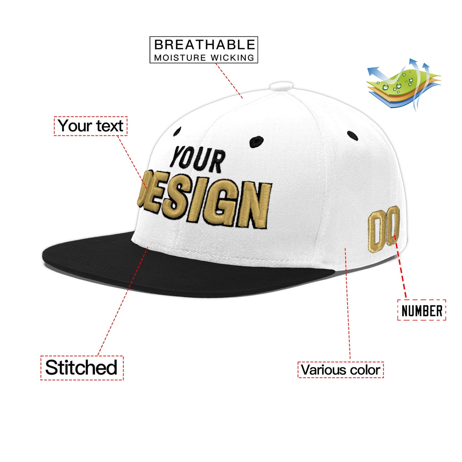 Custom White Black 3D Puff Embroidery Flat Embroidery Casual Sport Baseball Cap