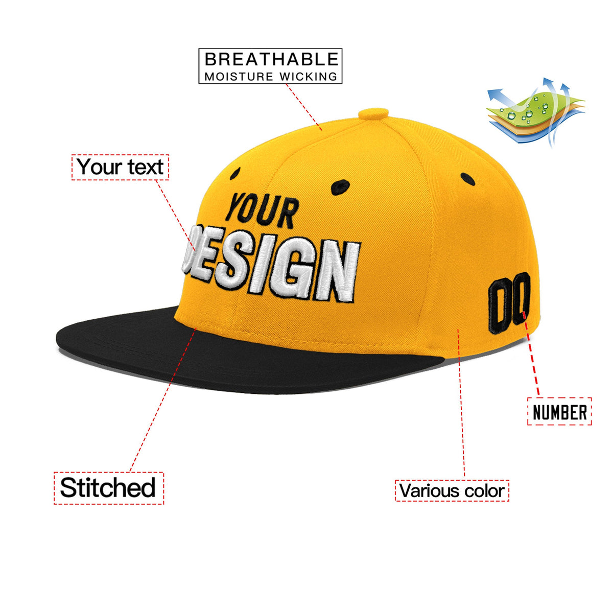 Custom Gold Black 3D Puff Embroidery Flat Embroidery Casual Sport Baseball Cap