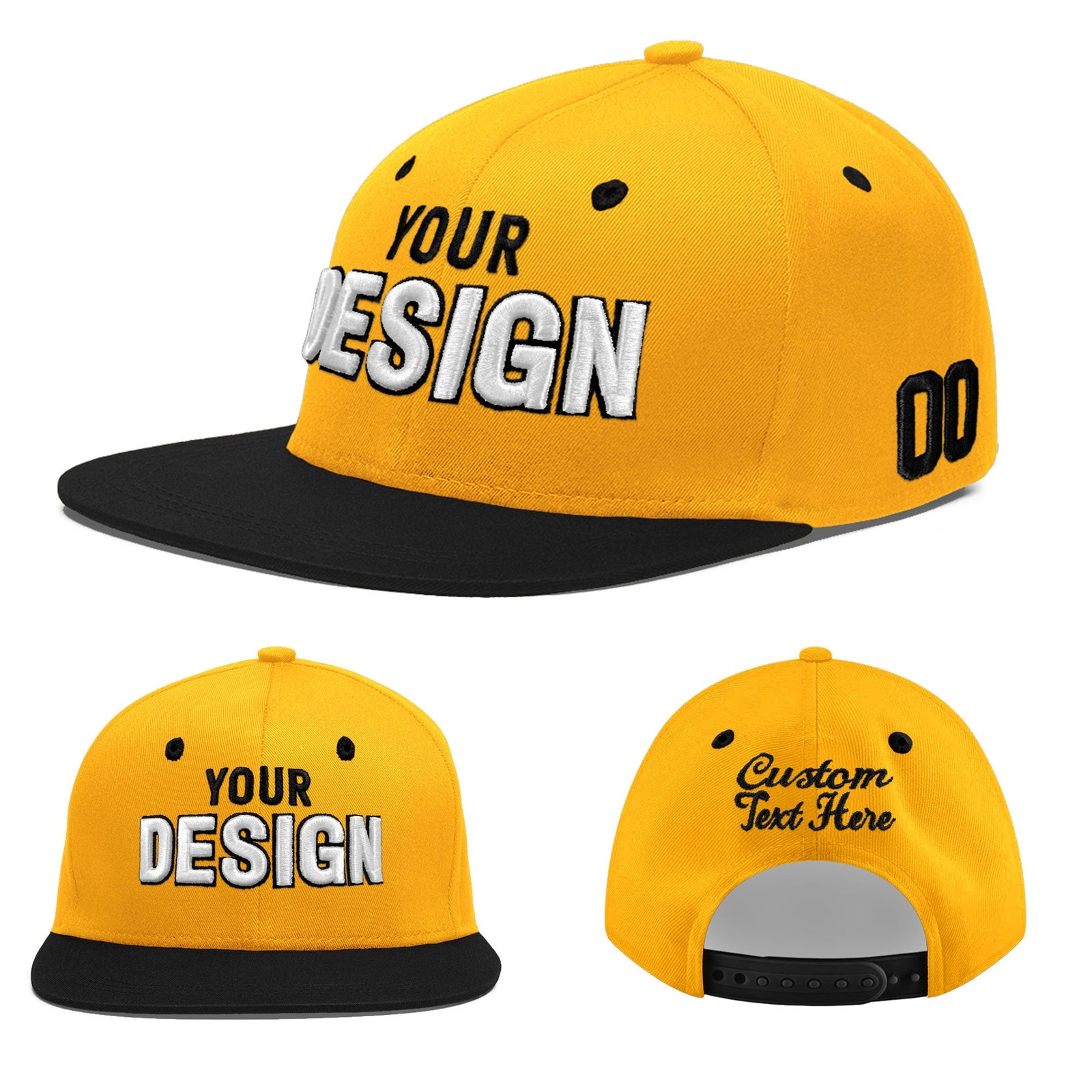 Custom Gold Black 3D Puff Embroidery Flat Embroidery Casual Sport Baseball Cap