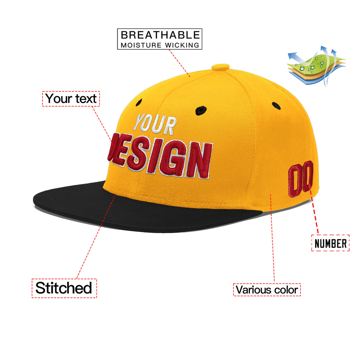 Custom Gold Black 3D Puff Embroidery Flat Embroidery Casual Sport Baseball Cap