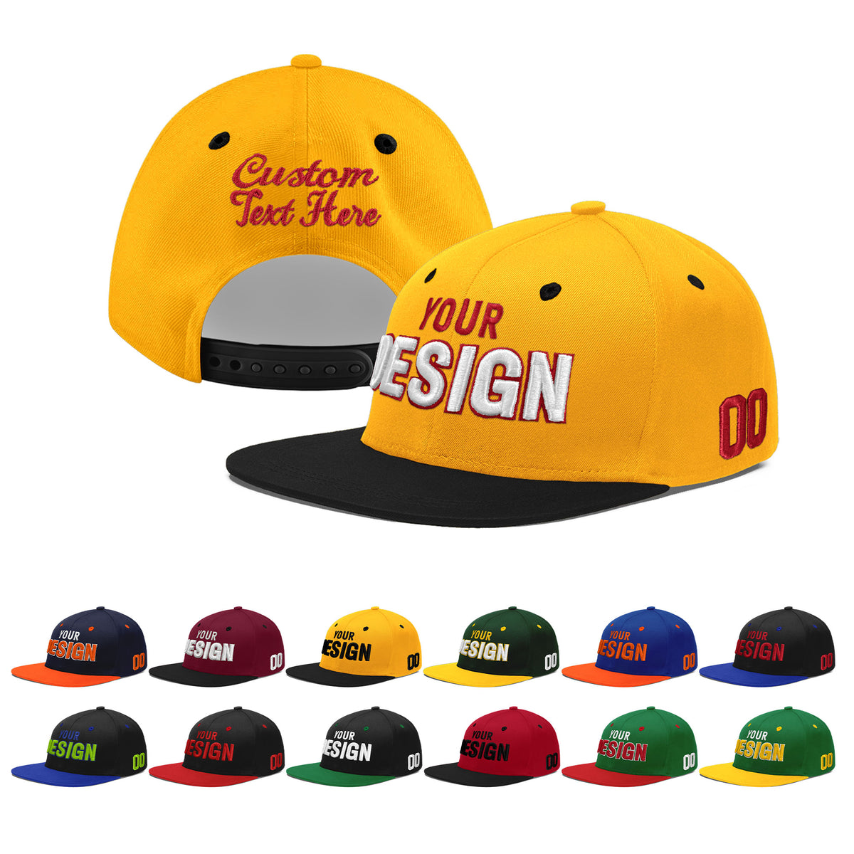 Custom Gold Black 3D Puff Embroidery Flat Embroidery Casual Sport Baseball Cap