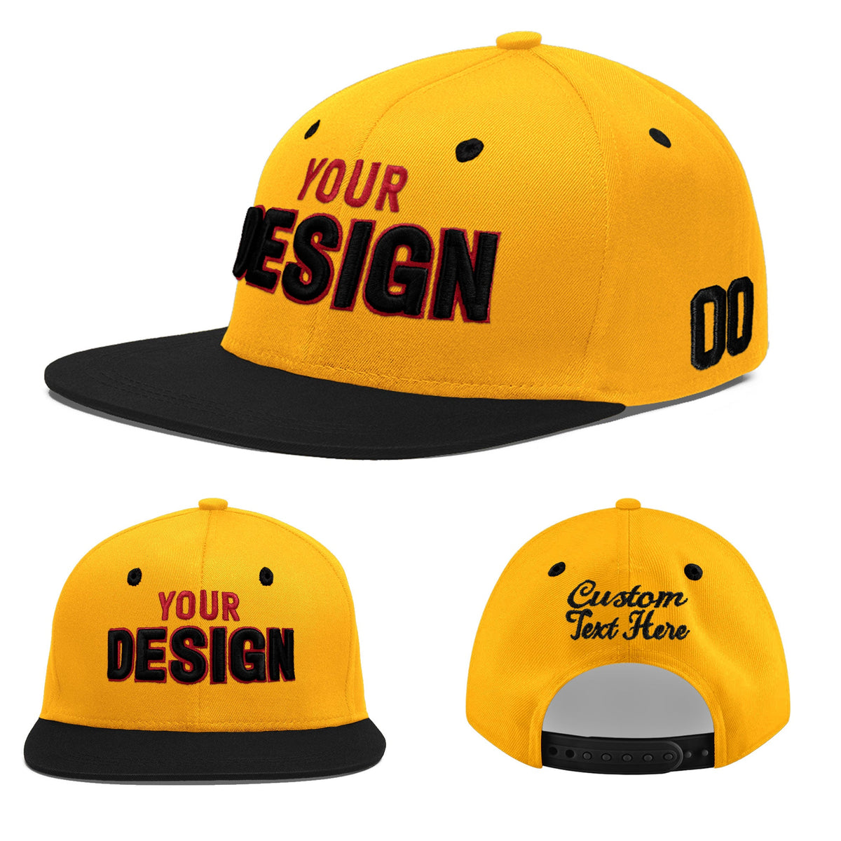 Custom Gold Black 76D Puff Embroidery Flat Embroidery Casual Sport Baseball Cap