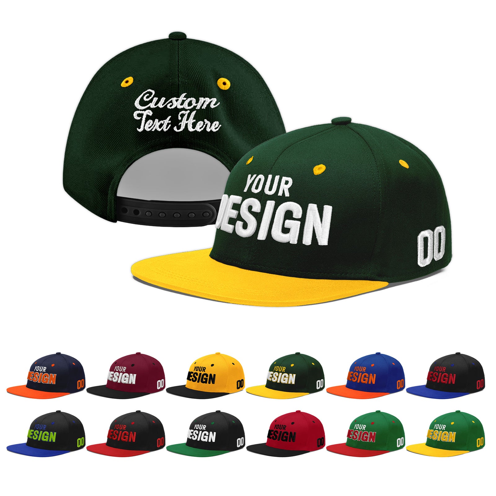 Custom Green Gold 3D Puff Embroidery Flat Embroidery Casual Sport Baseball Cap