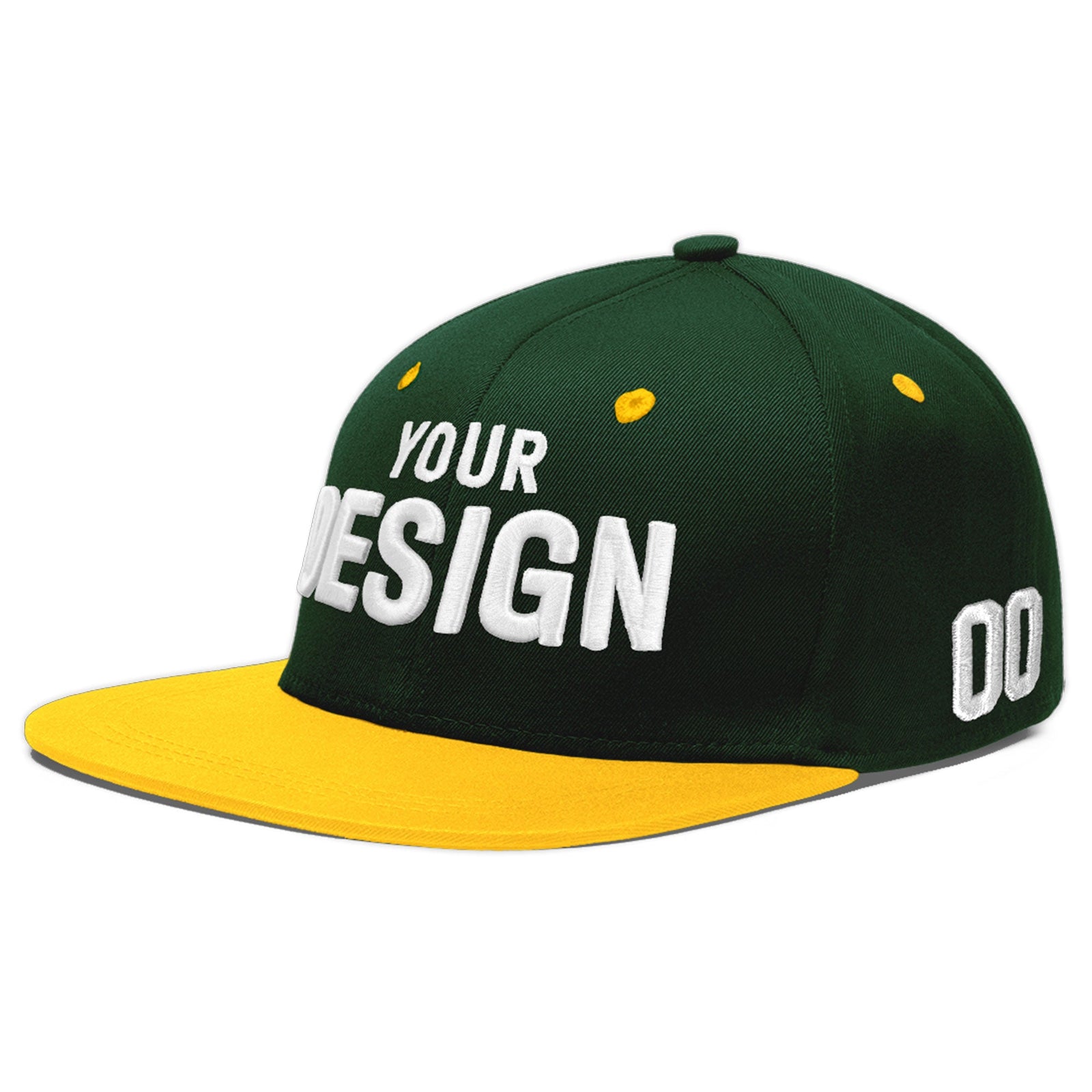 Custom Green Gold 3D Puff Embroidery Flat Embroidery Casual Sport Baseball Cap