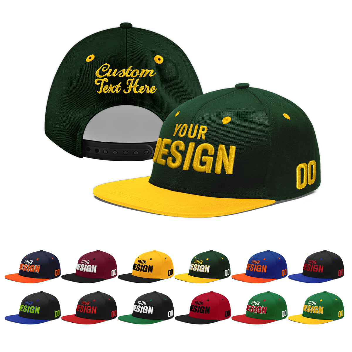 Custom Green Gold 3D Puff Embroidery Flat Embroidery Casual Sport Baseball Cap